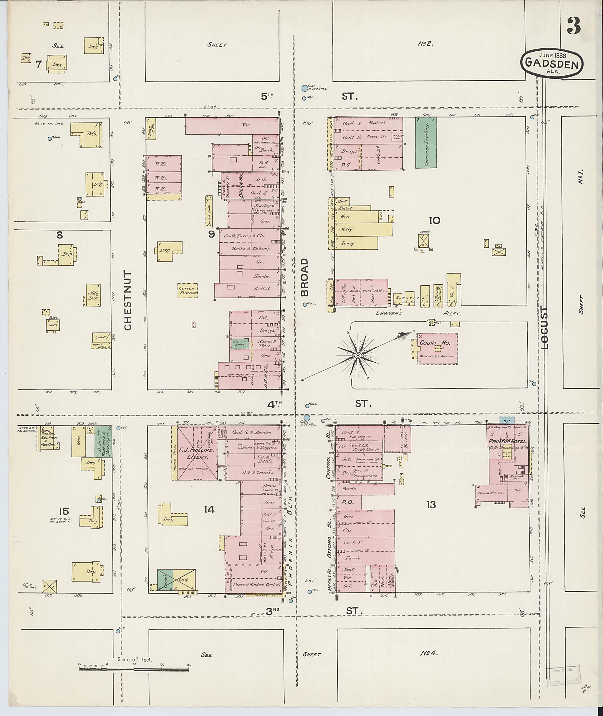 This old map of Gadsden, Etowah County, Alabama was created by Sanborn Map Company in 1888