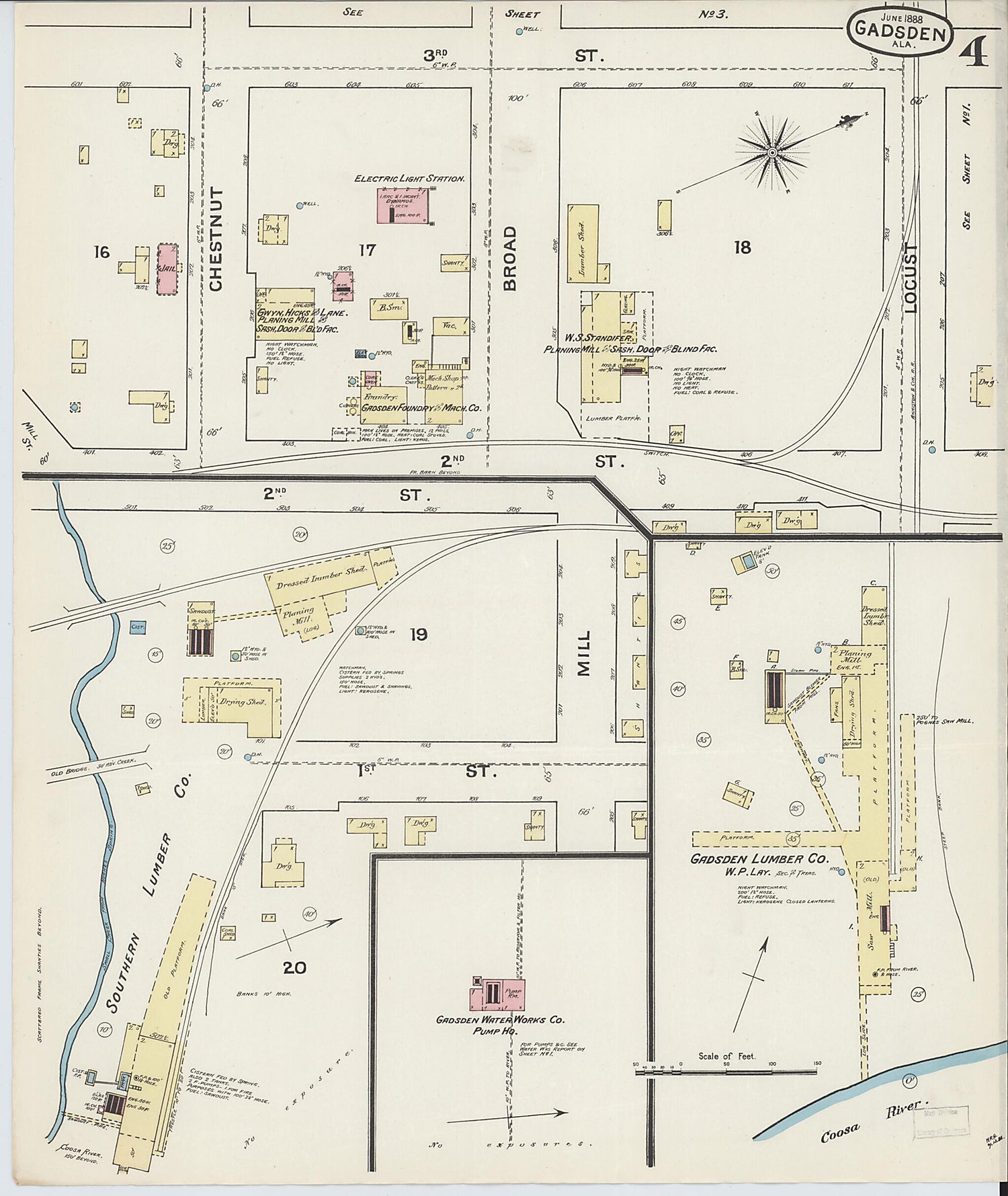 This old map of Gadsden, Etowah County, Alabama was created by Sanborn Map Company in 1888