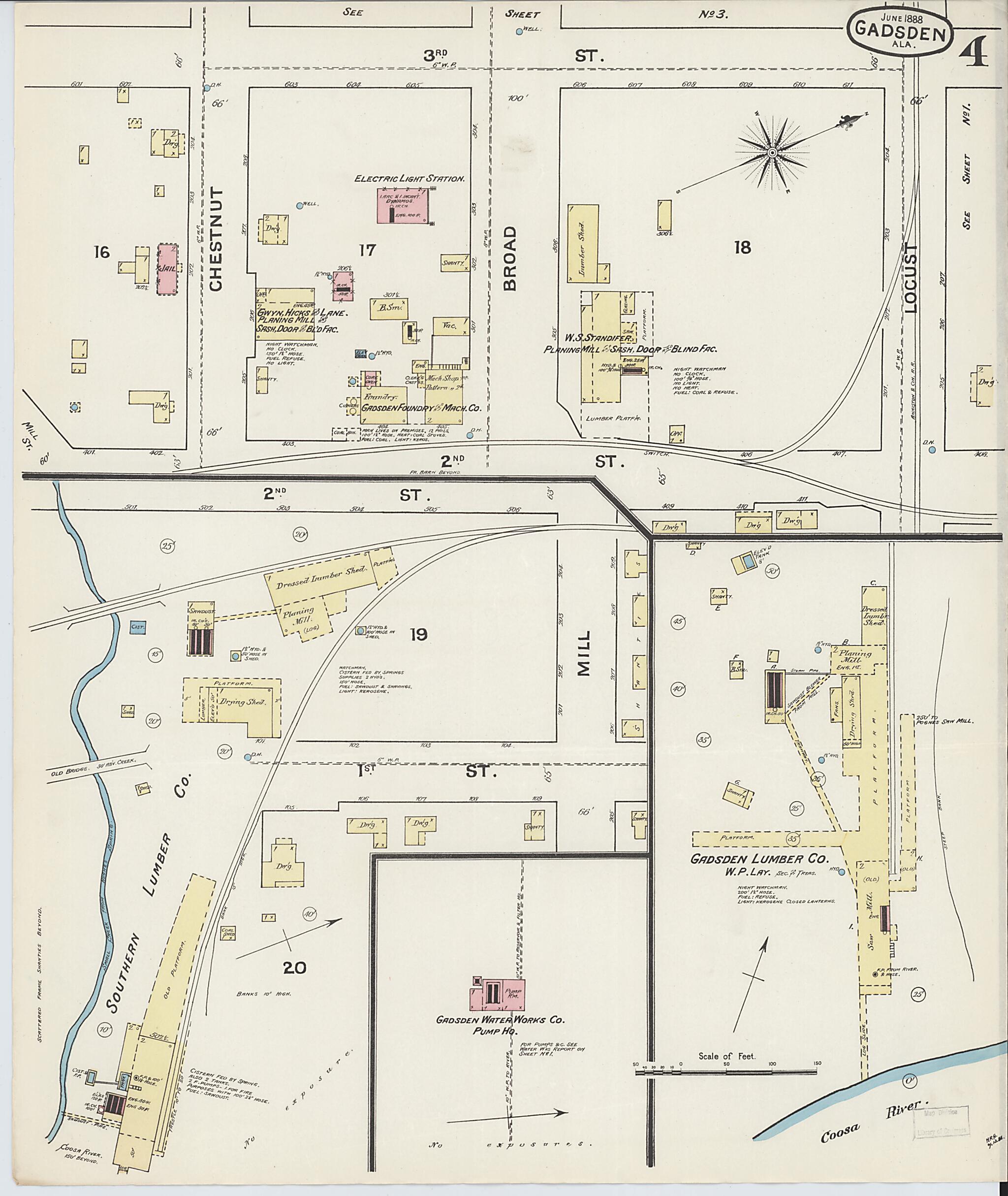 This old map of Gadsden, Etowah County, Alabama was created by Sanborn Map Company in 1888