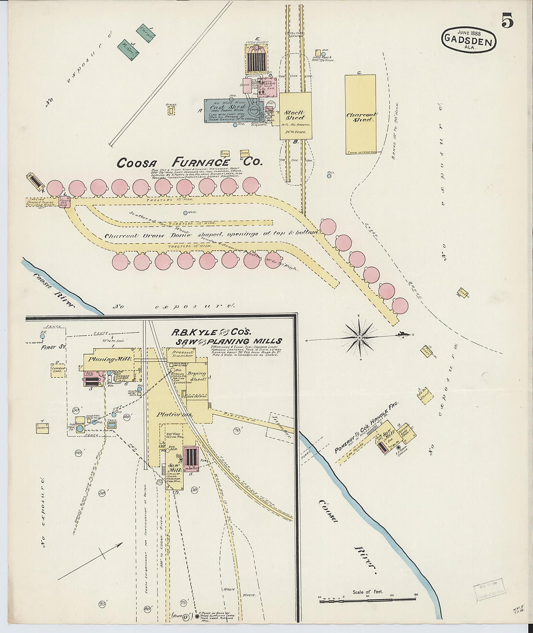 This old map of Gadsden, Etowah County, Alabama was created by Sanborn Map Company in 1888
