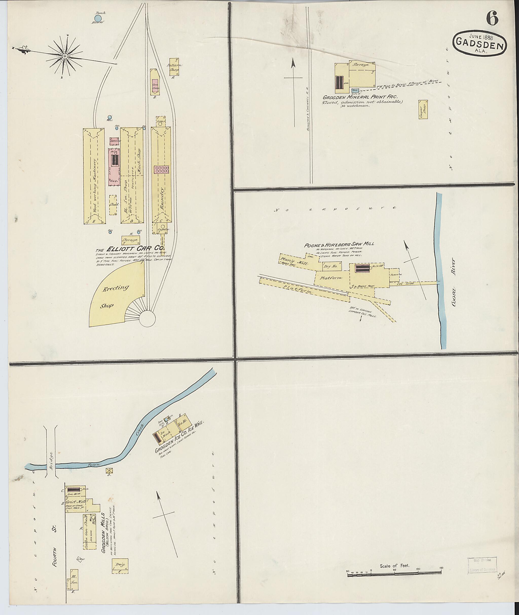 This old map of Gadsden, Etowah County, Alabama was created by Sanborn Map Company in 1888