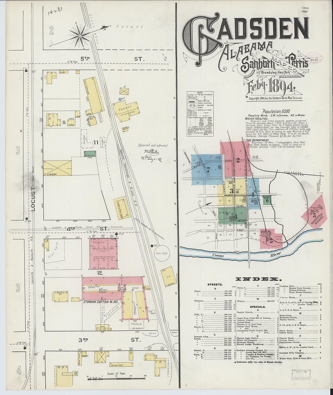 This old map of Gadsden, Etowah County, Alabama was created by Sanborn Map Company in 1894