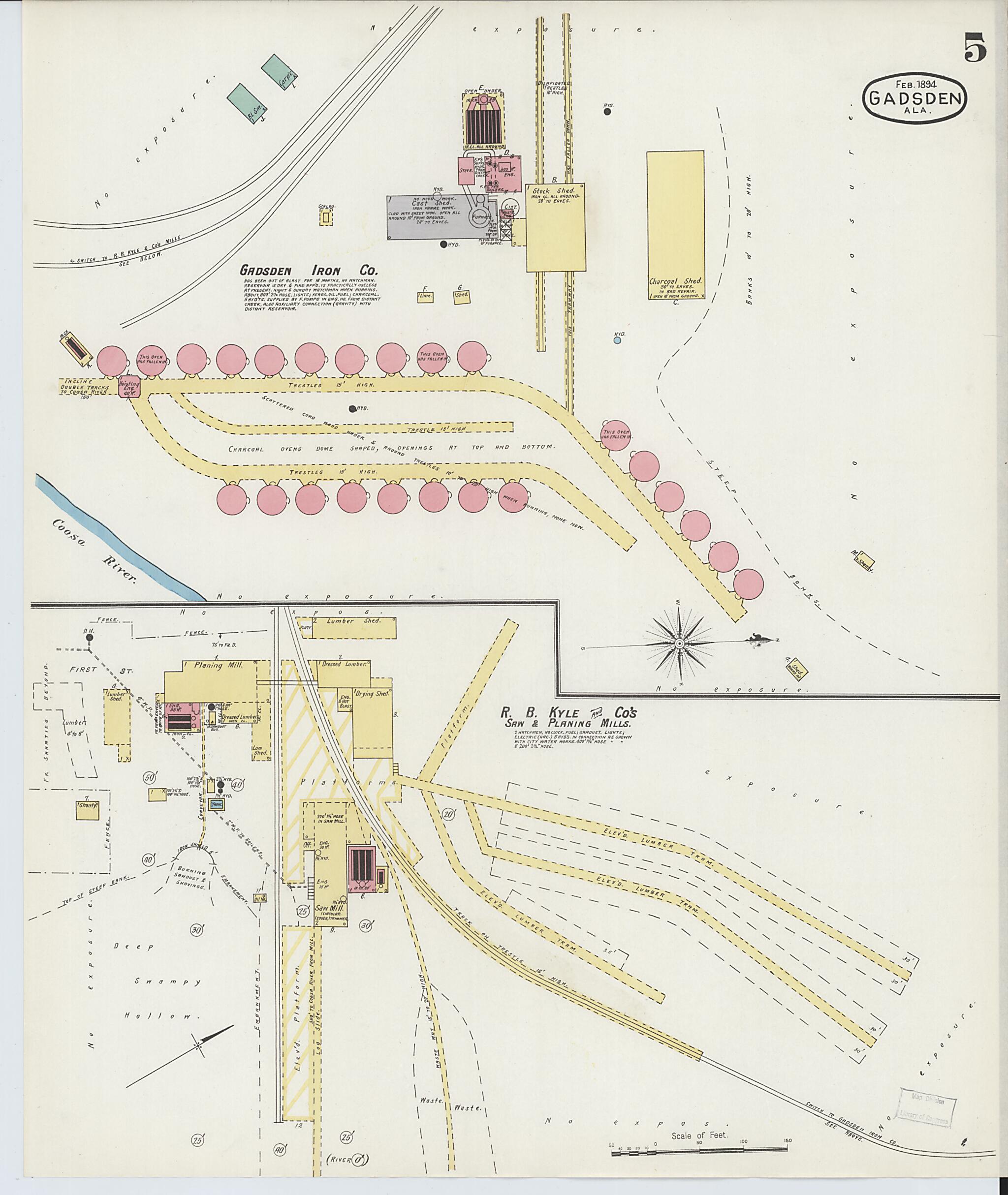 This old map of Gadsden, Etowah County, Alabama was created by Sanborn Map Company in 1894