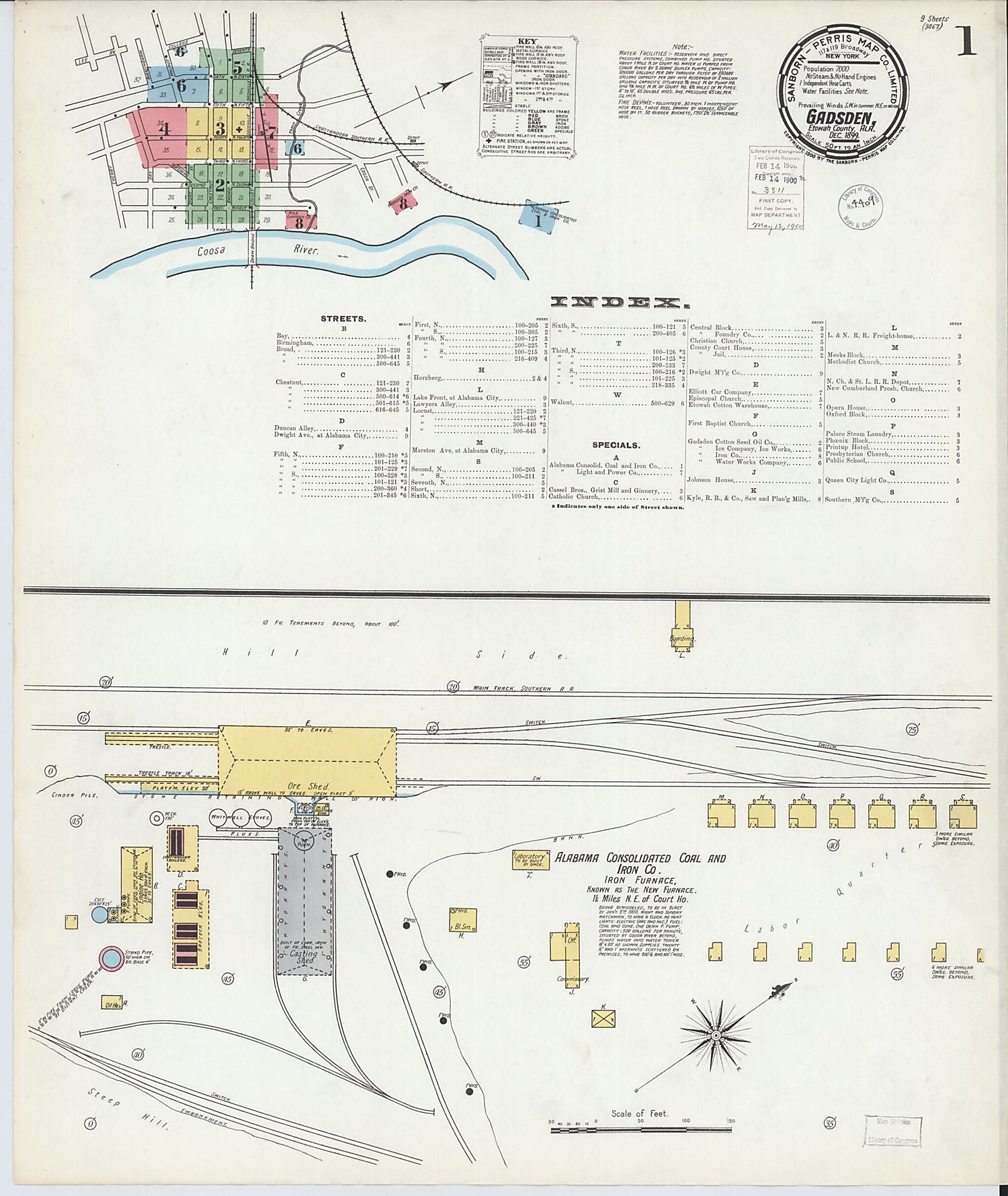 This old map of Gadsden, Etowah County, Alabama was created by Sanborn Map Company in 1899