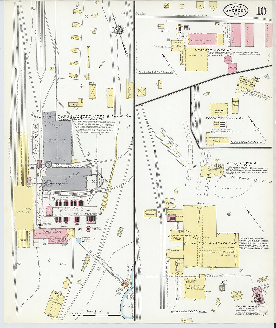 This old map of Gadsden, Etowah County, Alabama was created by Sanborn Map Company in 1910