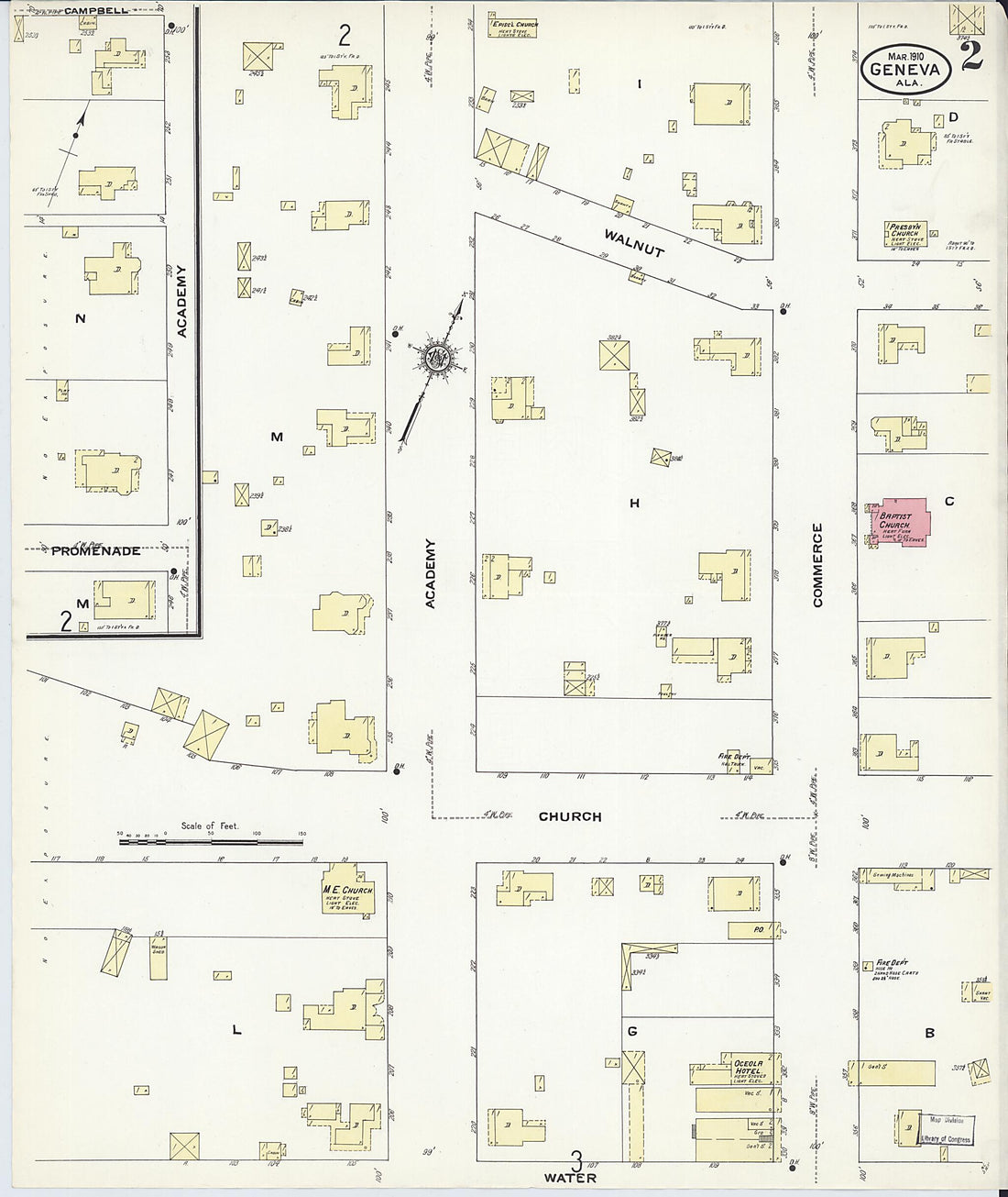 This old map of Geneva, Geneva County, Alabama was created by Sanborn Map Company in 1910