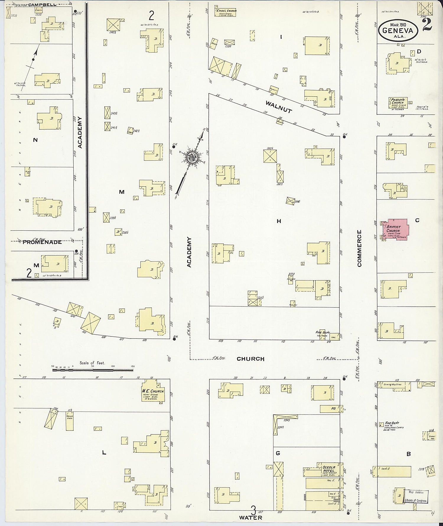 This old map of Geneva, Geneva County, Alabama was created by Sanborn Map Company in 1910