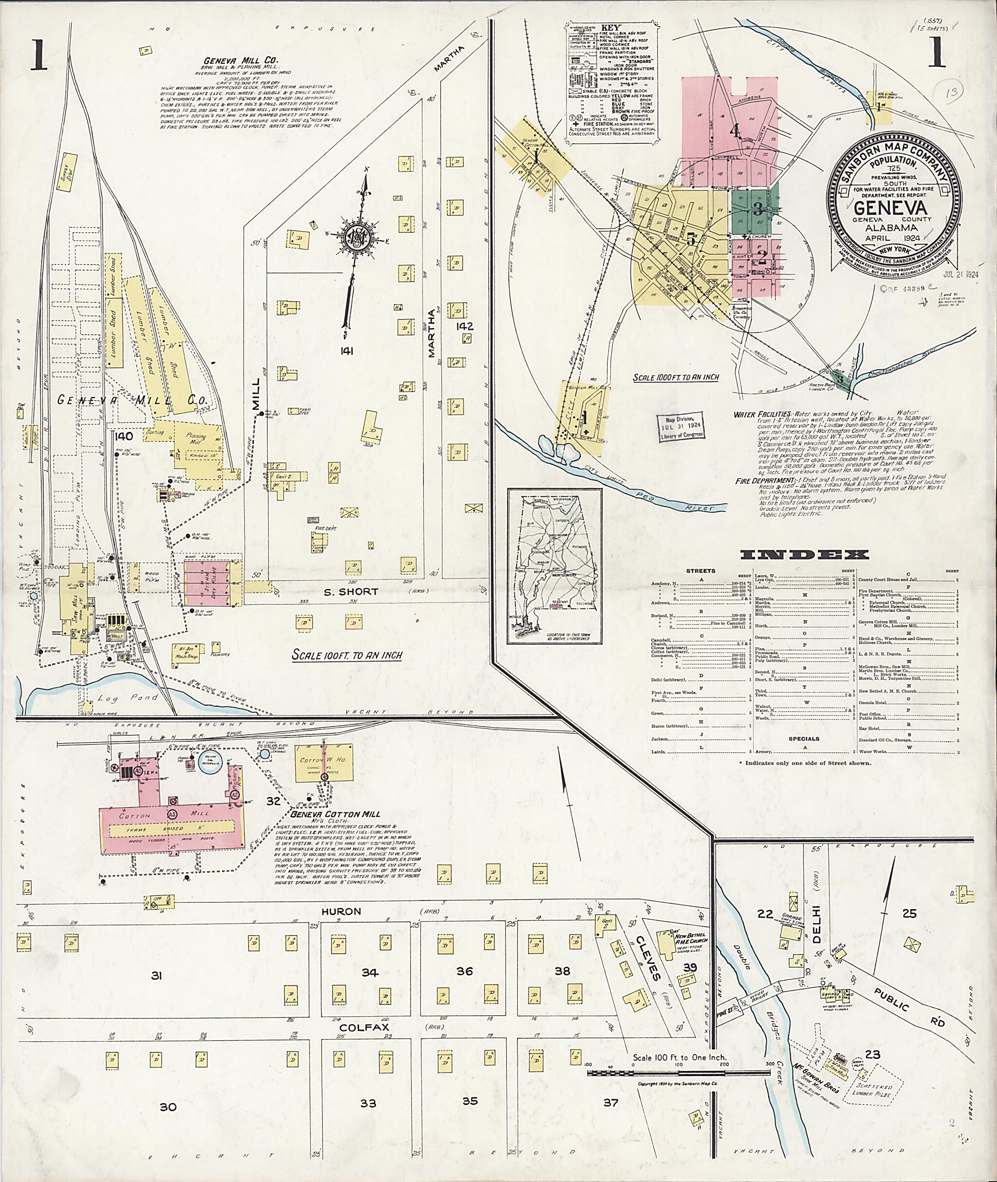 This old map of Geneva, Geneva County, Alabama was created by Sanborn Map Company in 1924