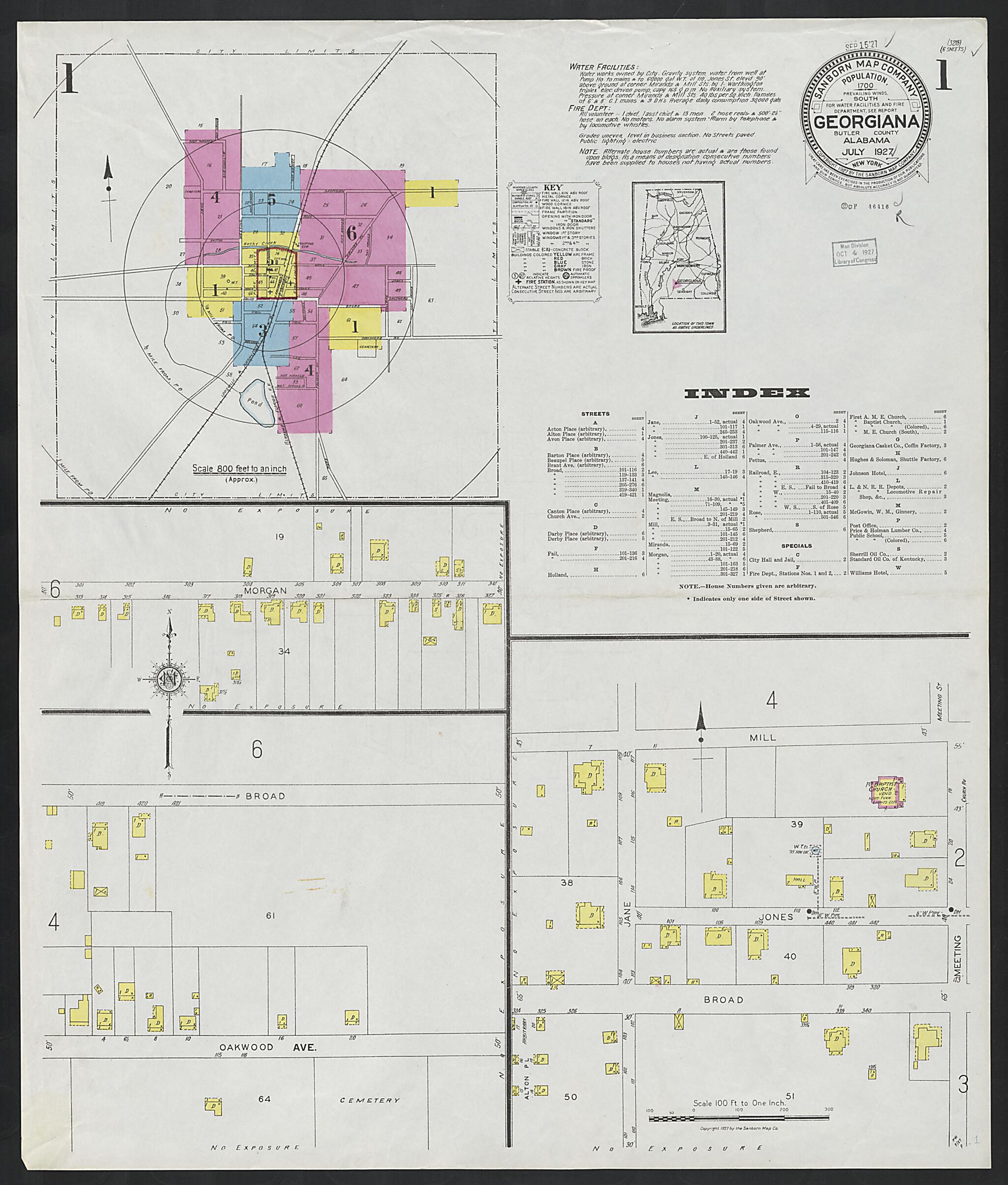 This old map of Georgiana, Butler County, Alabama was created by Sanborn Map Company in 1927