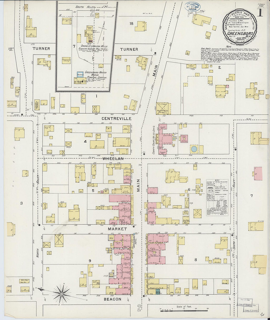 This old map of Greensboro, Hale County, Alabama was created by Sanborn Map Company in 1894