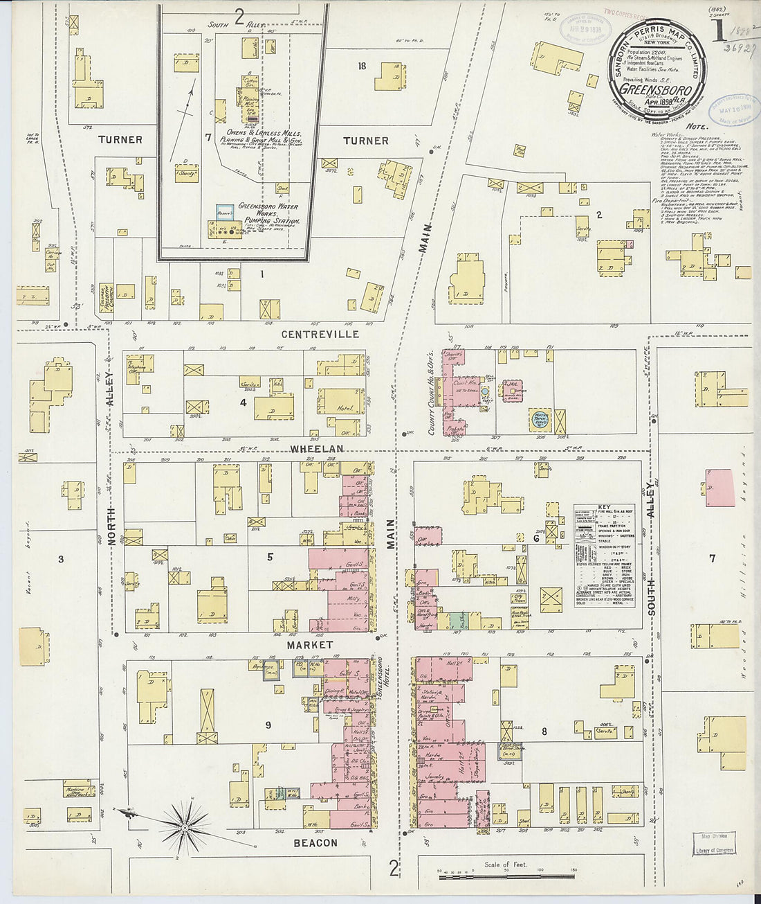 This old map of Greensboro, Hale County, Alabama was created by Sanborn Map Company in 1898