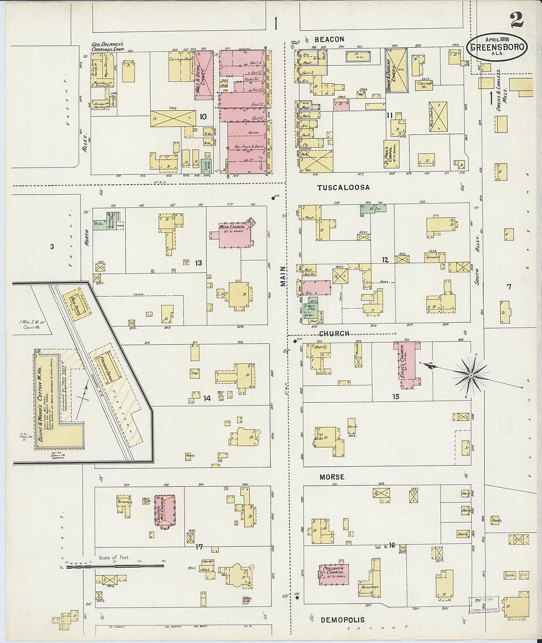 This old map of Greensboro, Hale County, Alabama was created by Sanborn Map Company in 1898