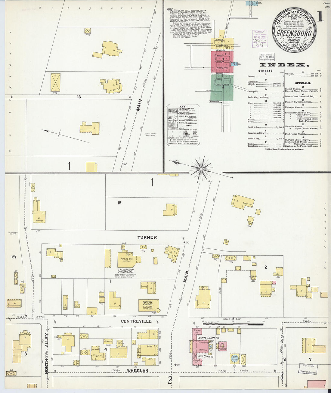 This old map of Greensboro, Hale County, Alabama was created by Sanborn Map Company in 1903