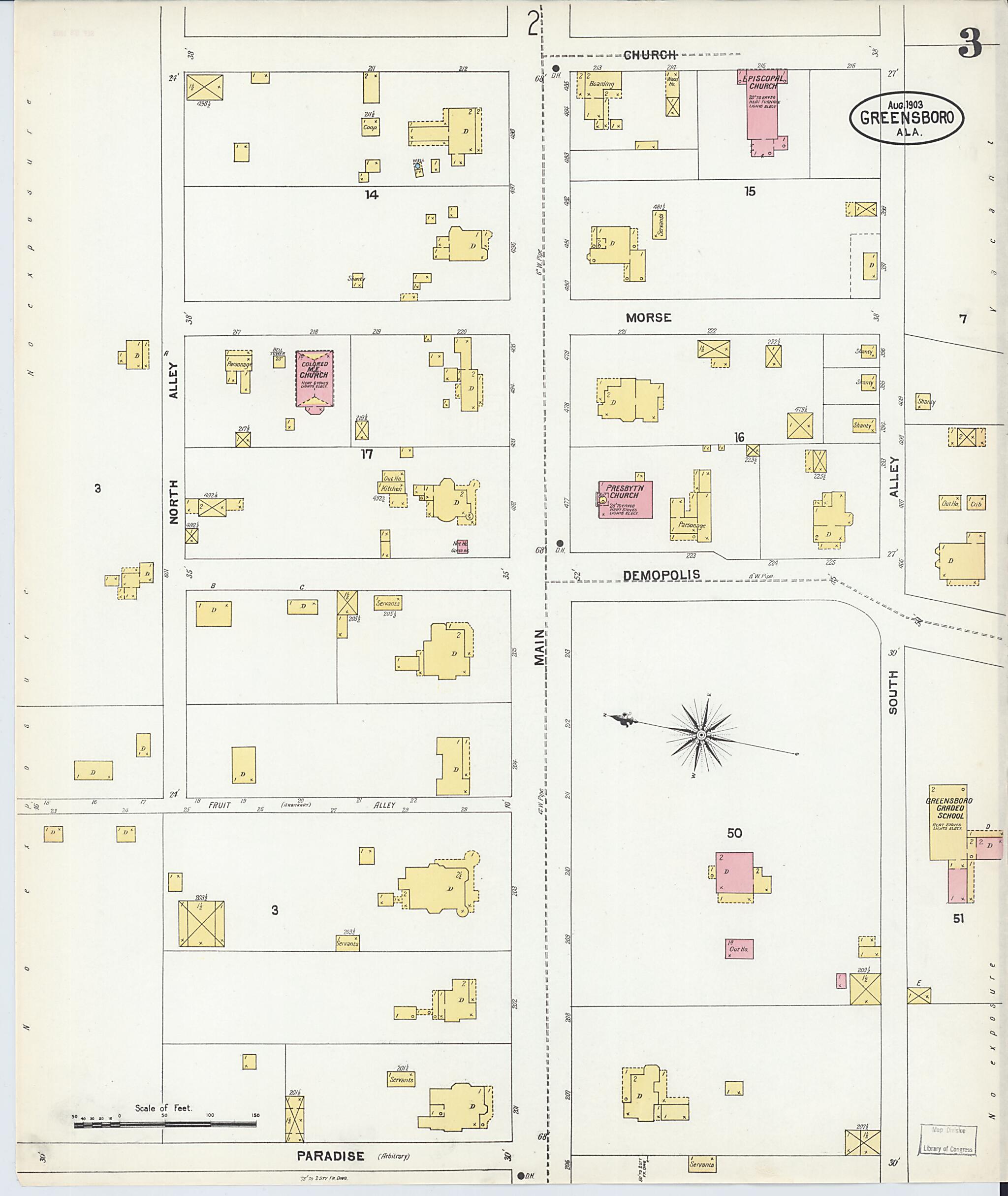 This old map of Greensboro, Hale County, Alabama was created by Sanborn Map Company in 1903