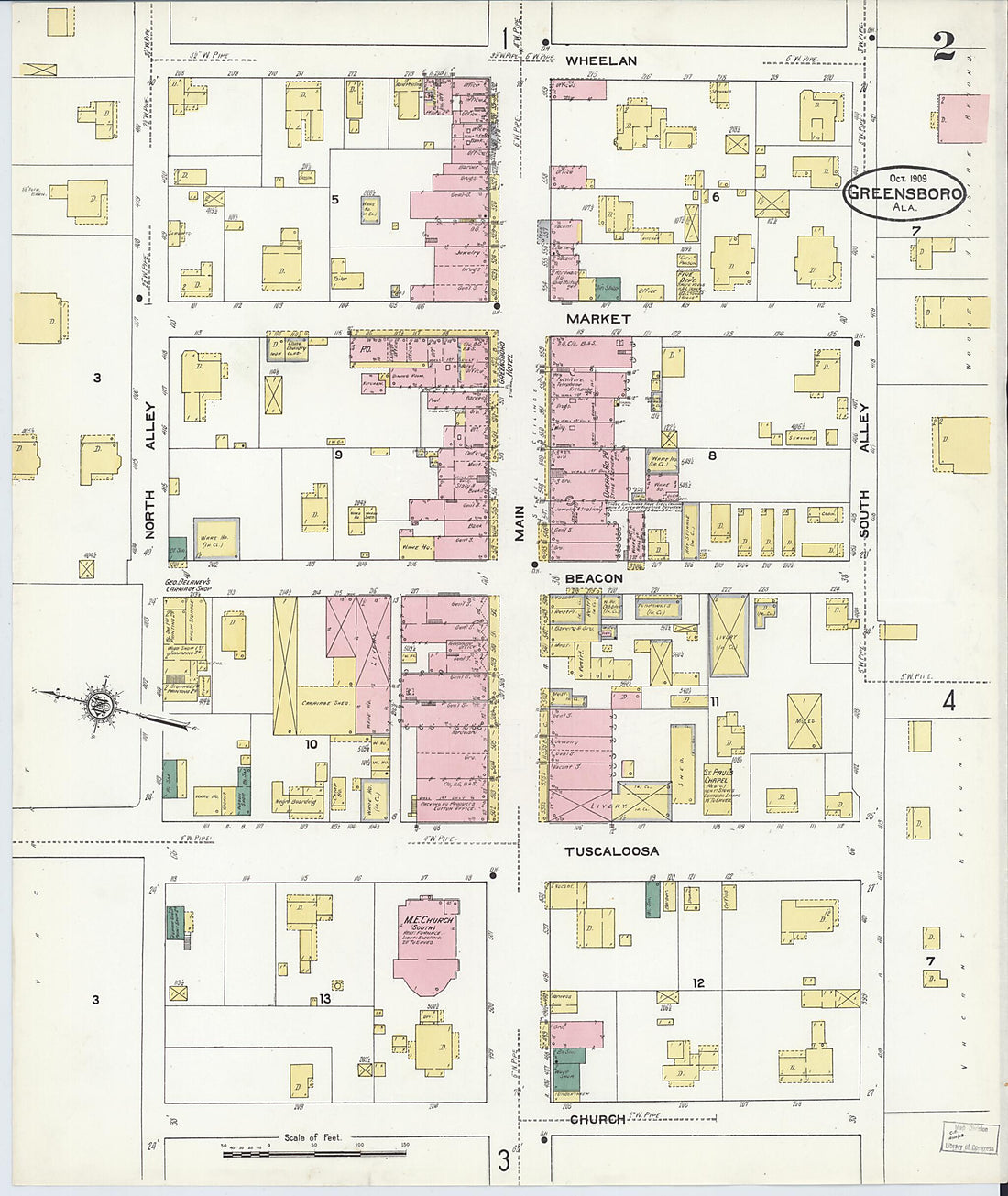 This old map of Greensboro, Hale County, Alabama was created by Sanborn Map Company in 1909