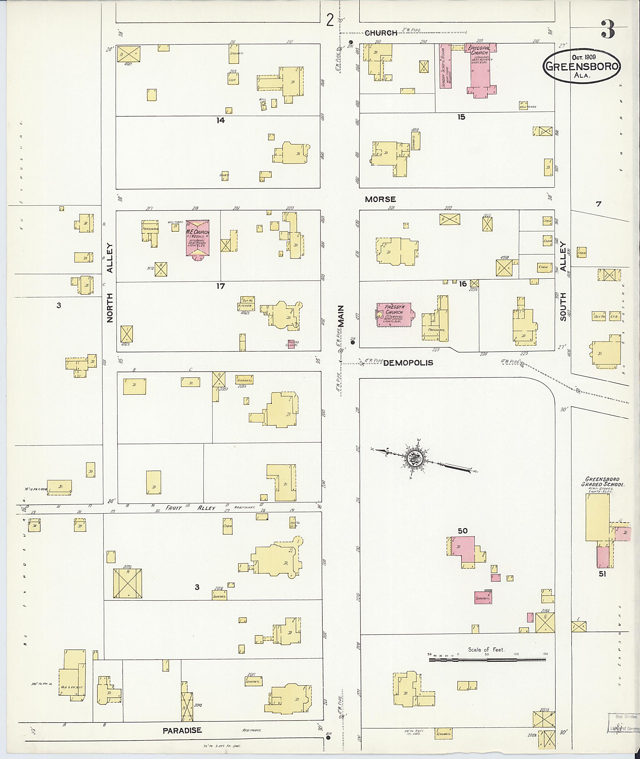 This old map of Greensboro, Hale County, Alabama was created by Sanborn Map Company in 1909