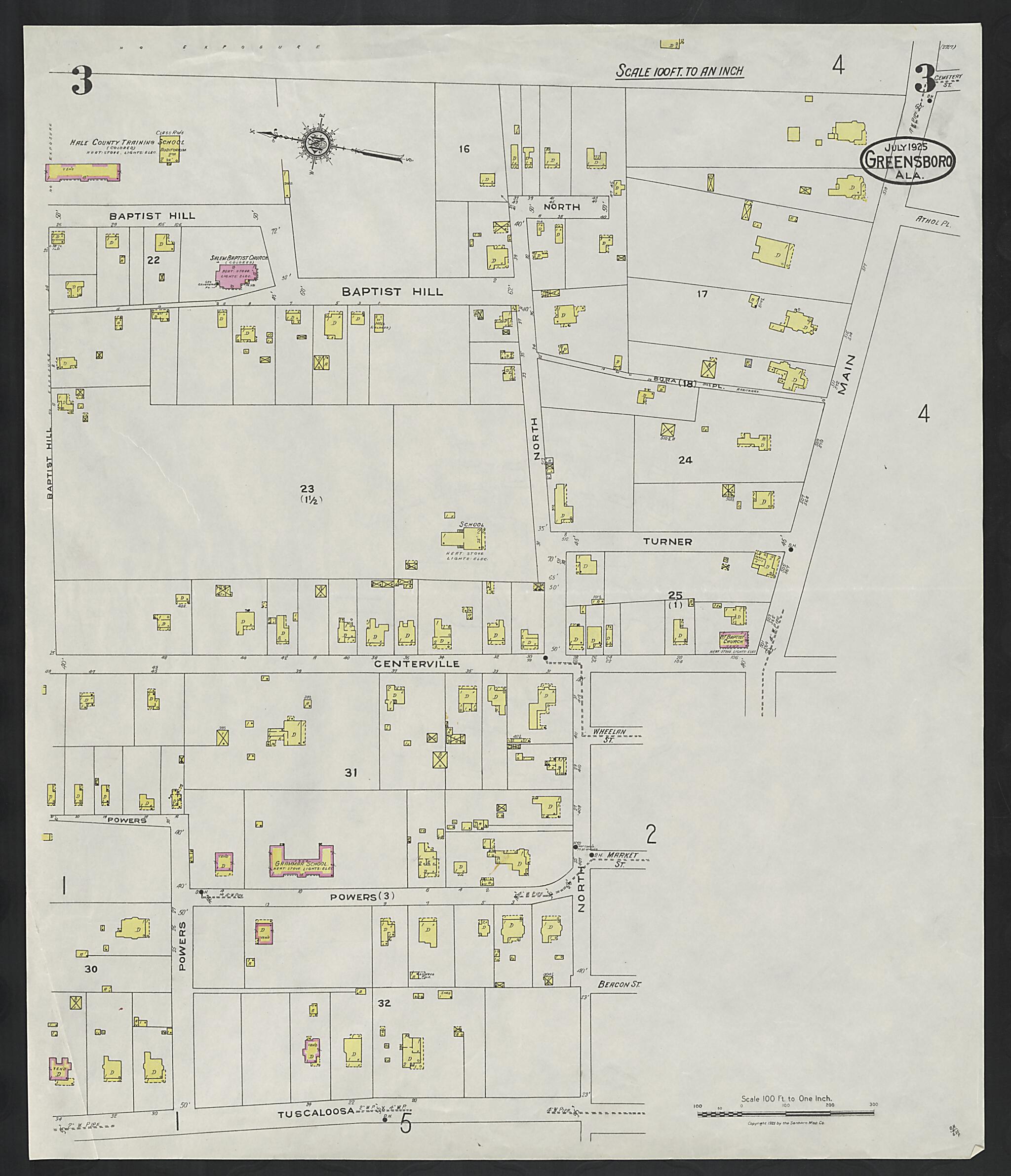 This old map of Greensboro, Hale County, Alabama was created by Sanborn Map Company in 1925