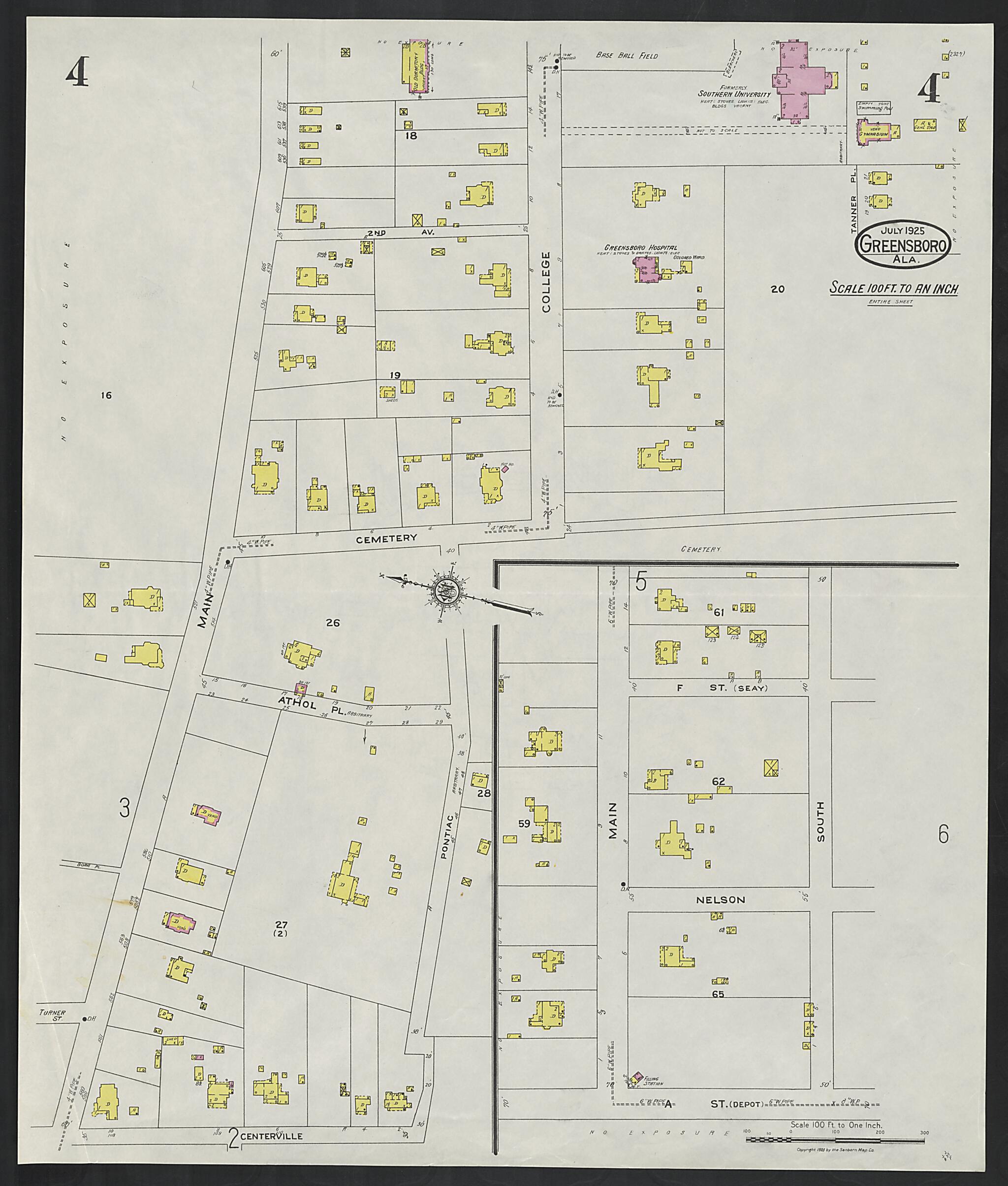 This old map of Greensboro, Hale County, Alabama was created by Sanborn Map Company in 1925