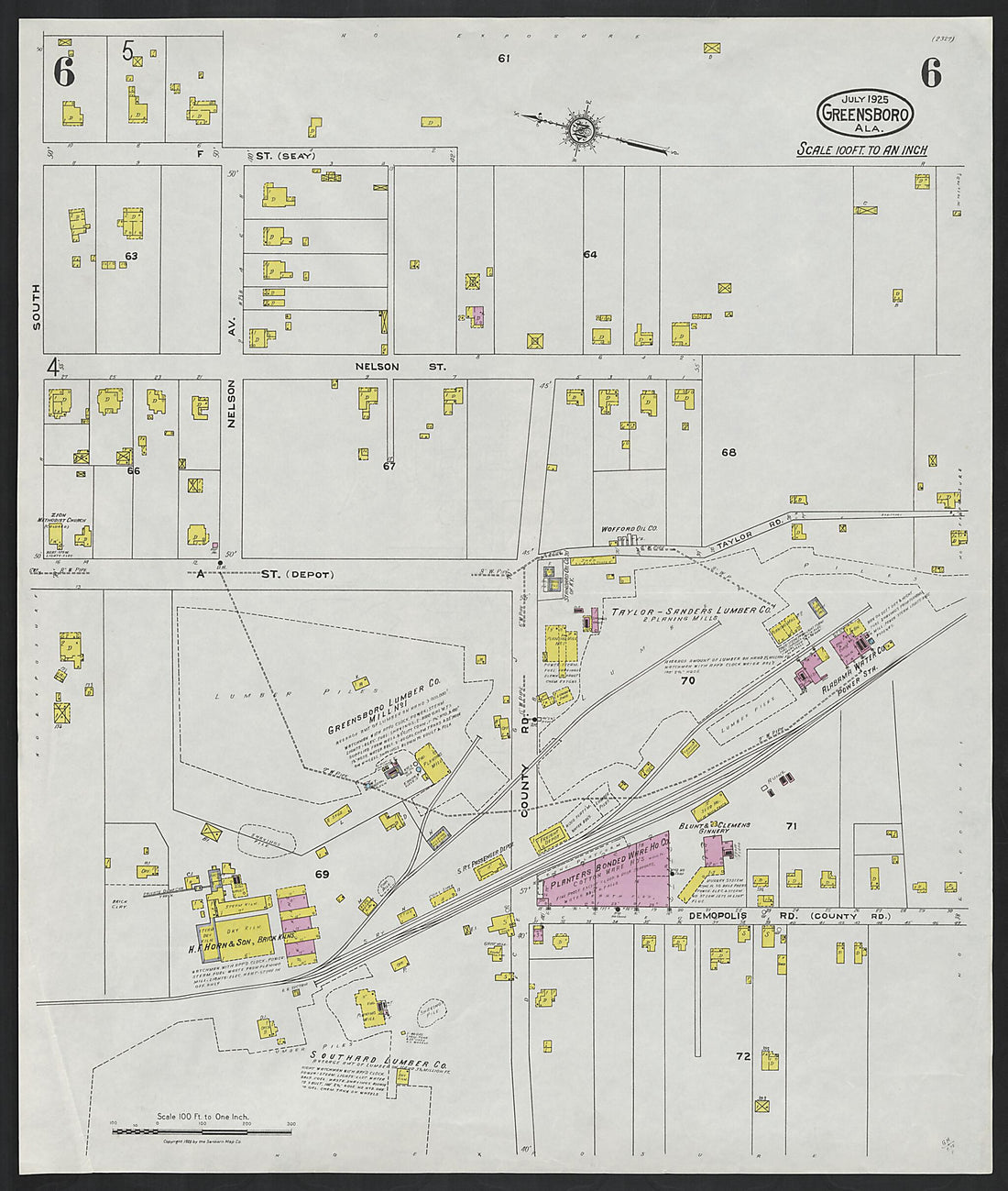 This old map of Greensboro, Hale County, Alabama was created by Sanborn Map Company in 1925