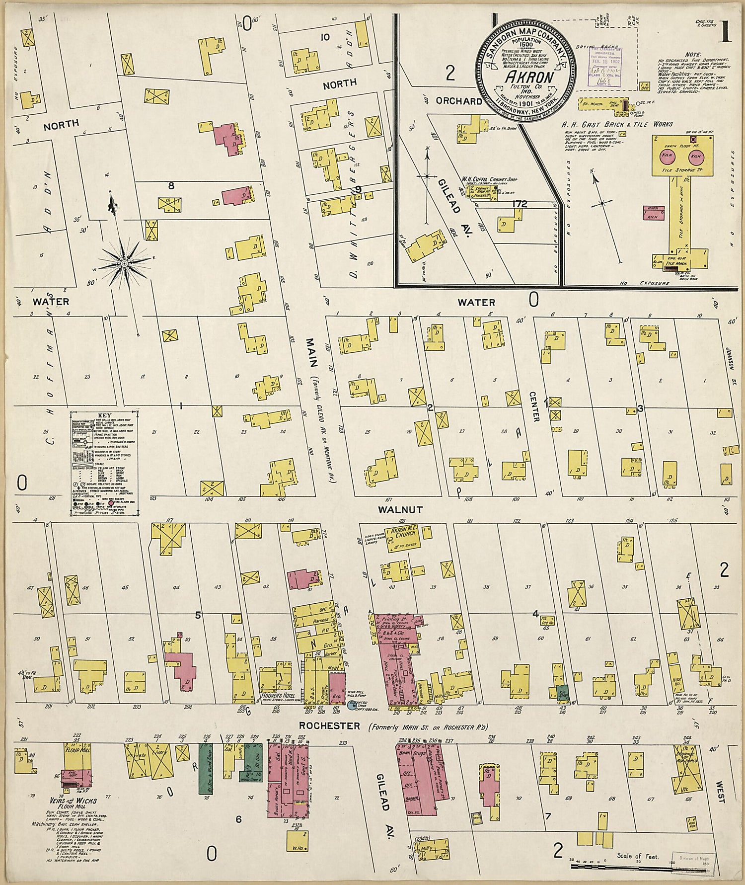 This old map of Akron, Fulton County, Indiana was created by Sanborn Map Company in 1901