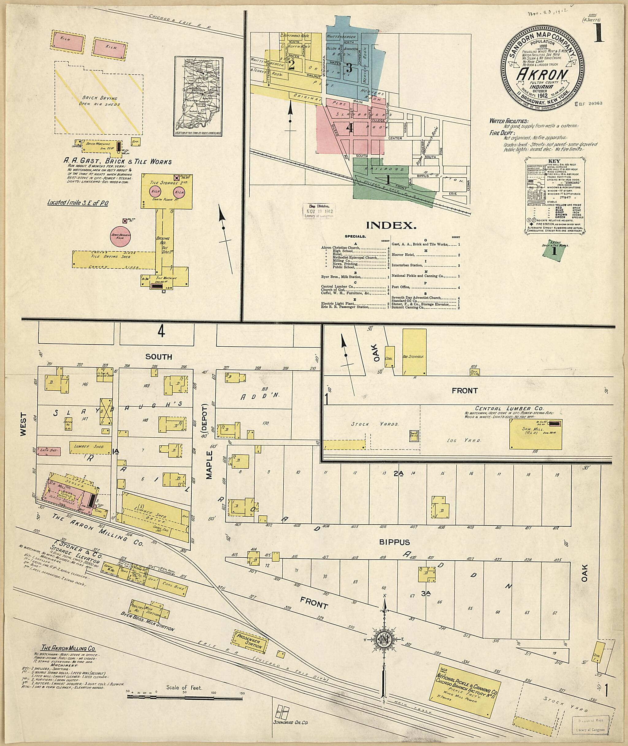 This old map of Akron, Fulton County, Indiana was created by Sanborn Map Company in 1912