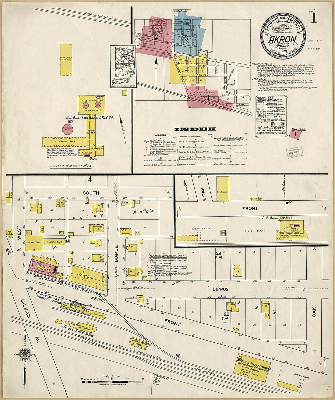 This old map of Akron, Fulton County, Indiana was created by Sanborn Map Company in 1920