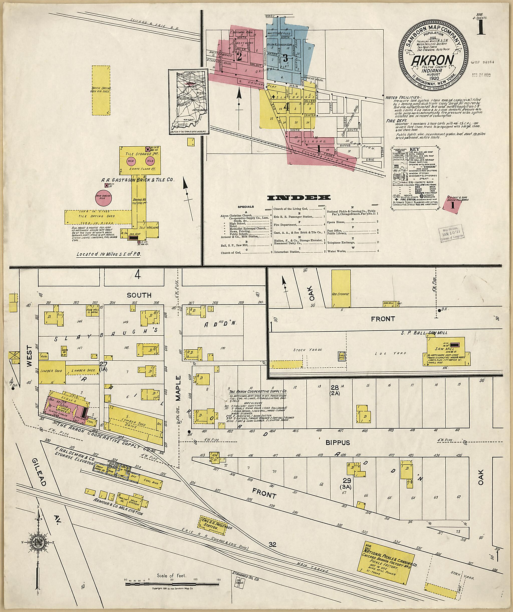 This old map of Akron, Fulton County, Indiana was created by Sanborn Map Company in 1920