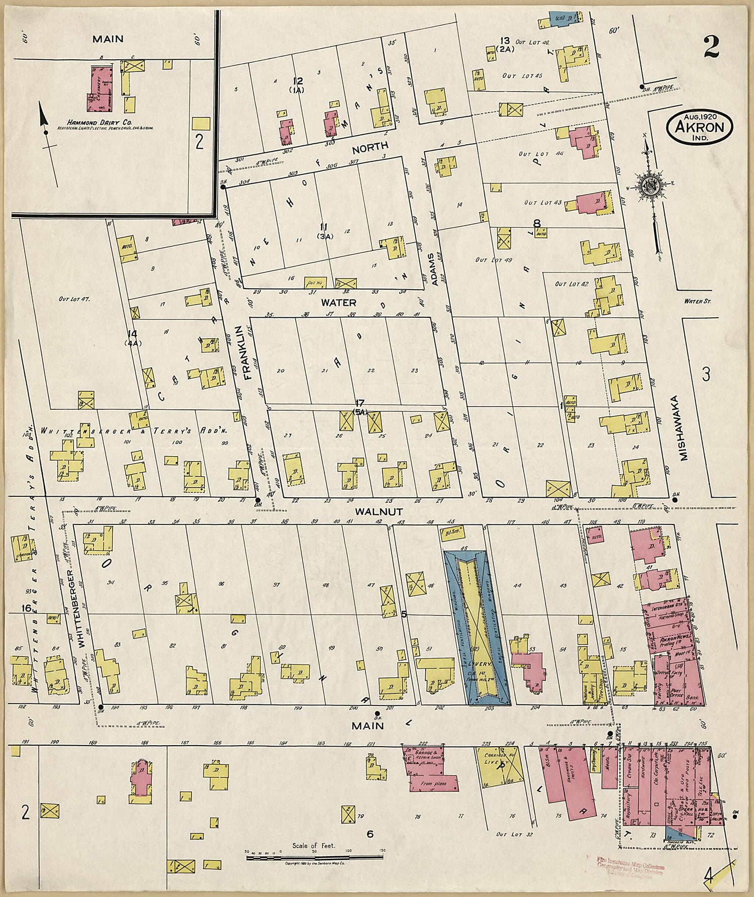 This old map of Akron, Fulton County, Indiana was created by Sanborn Map Company in 1920