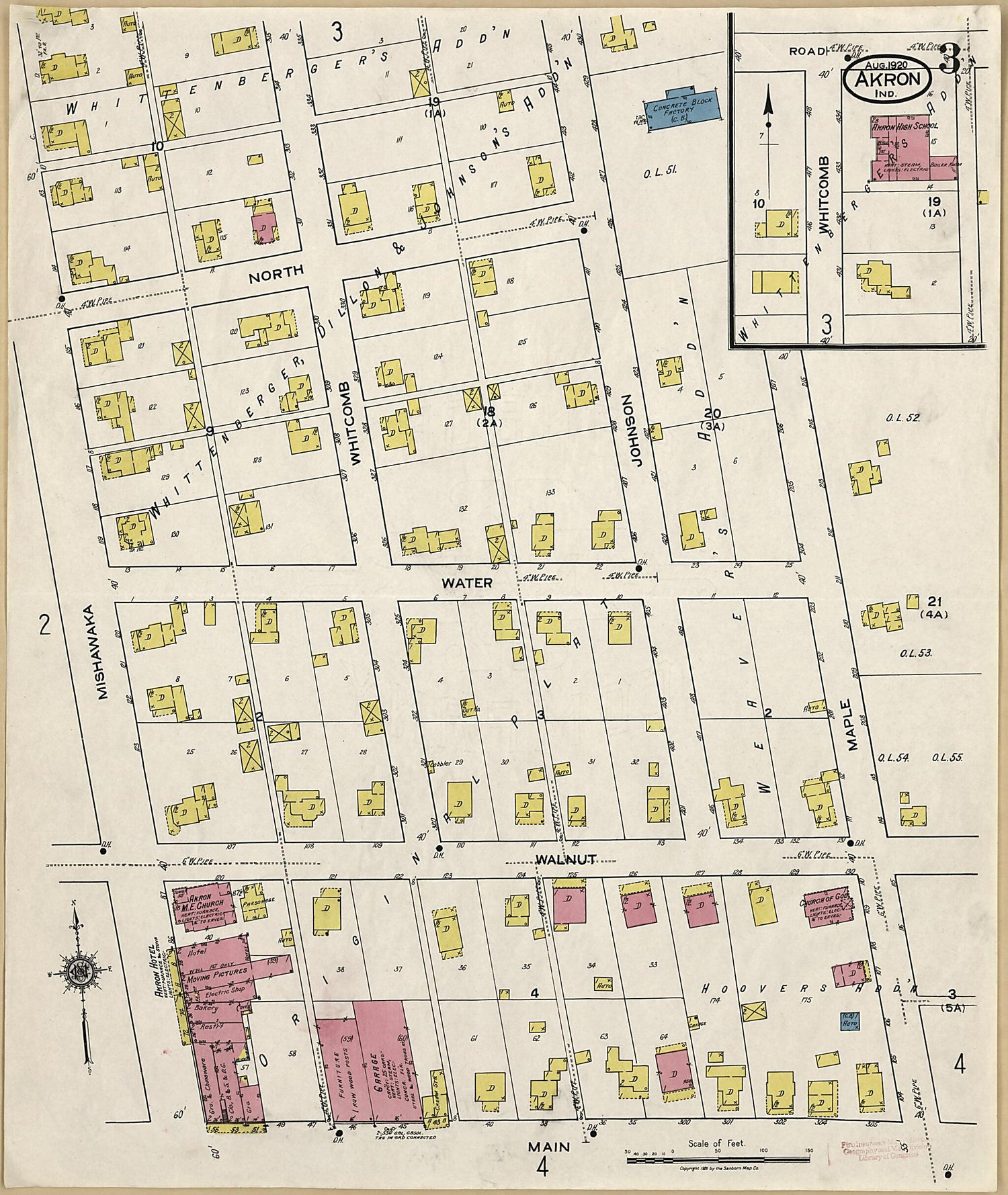 This old map of Akron, Fulton County, Indiana was created by Sanborn Map Company in 1920