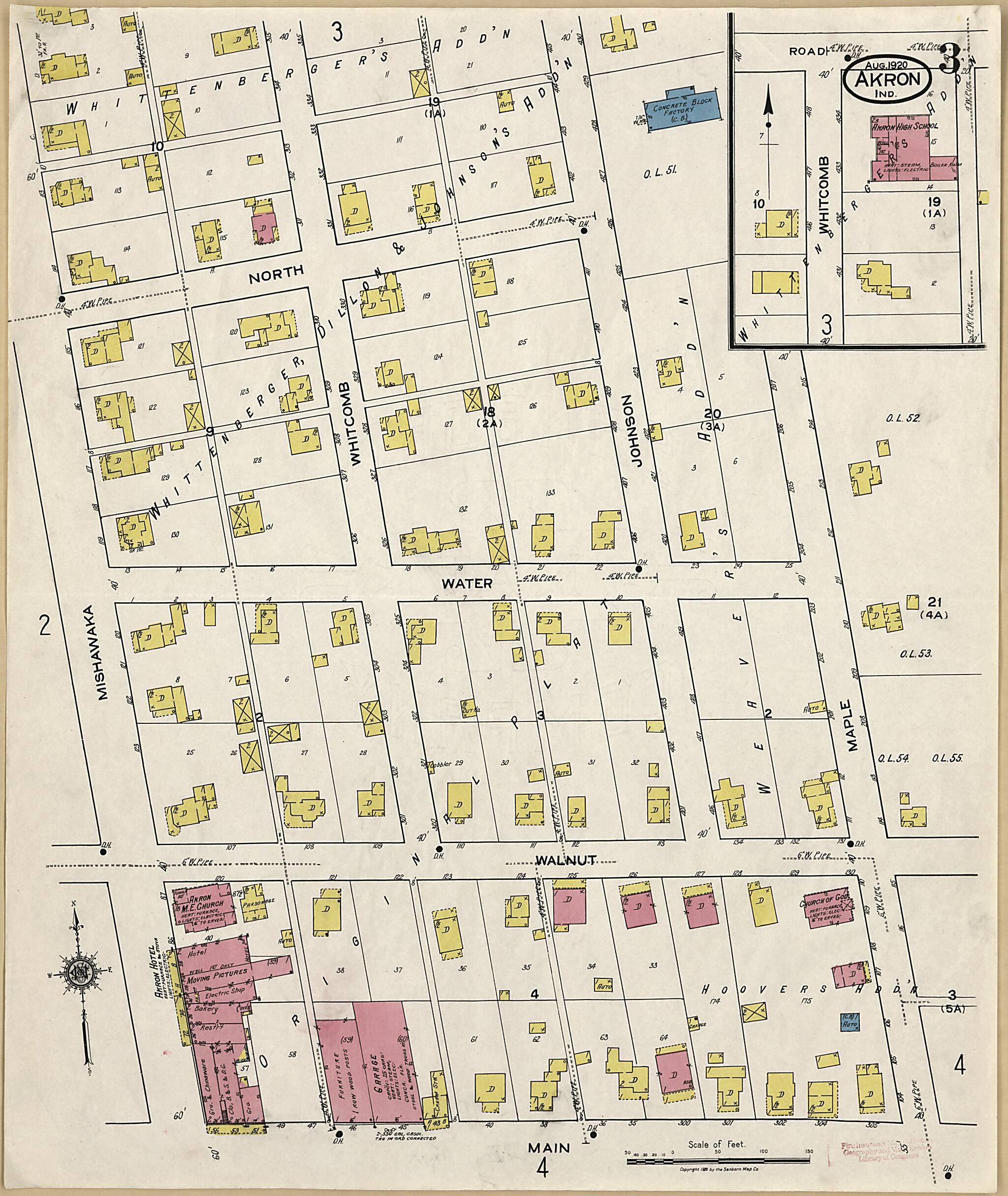 This old map of Akron, Fulton County, Indiana was created by Sanborn Map Company in 1920