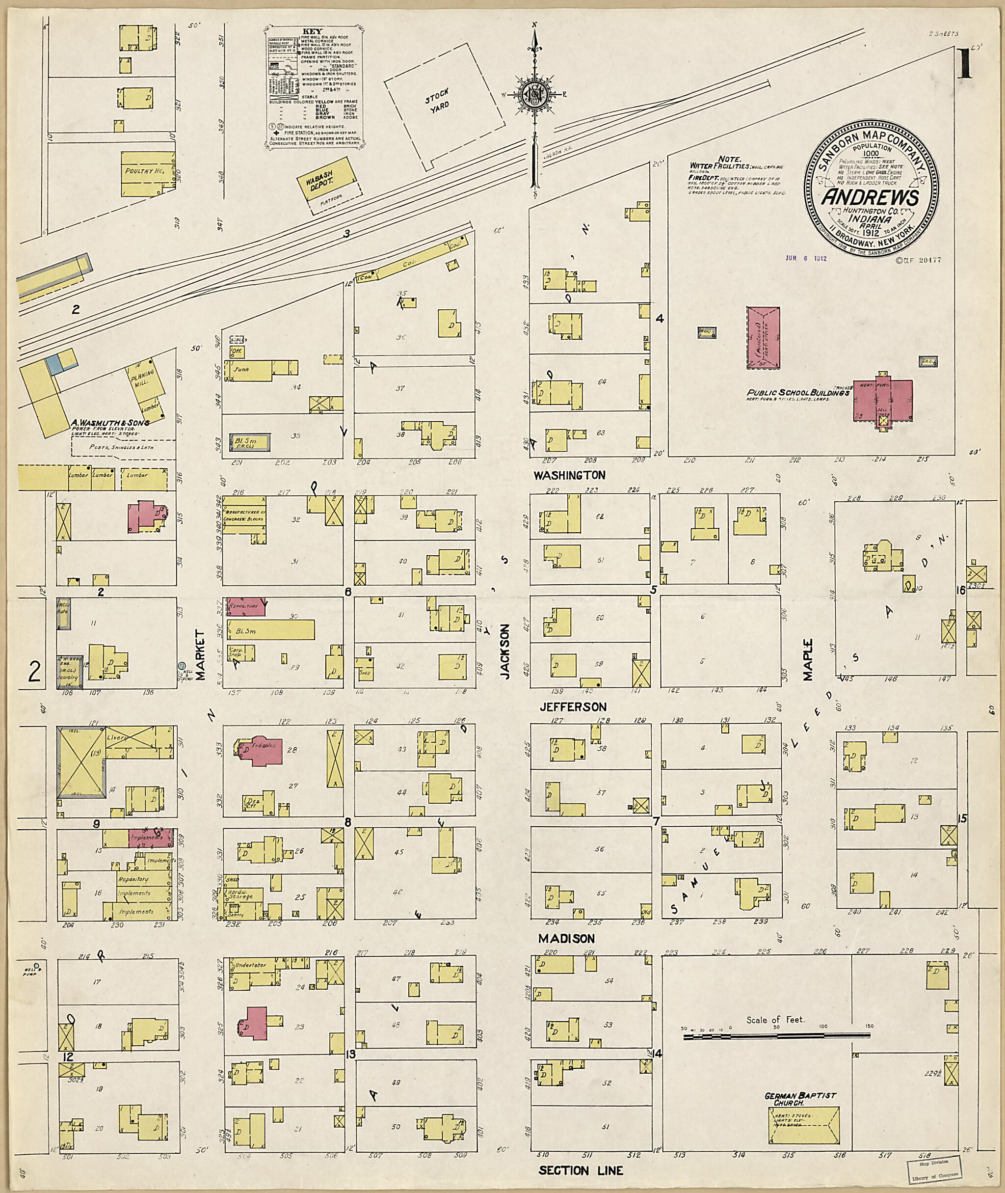 This old map of Andrews, Huntington County, Indiana was created by Sanborn Map Company in 1912