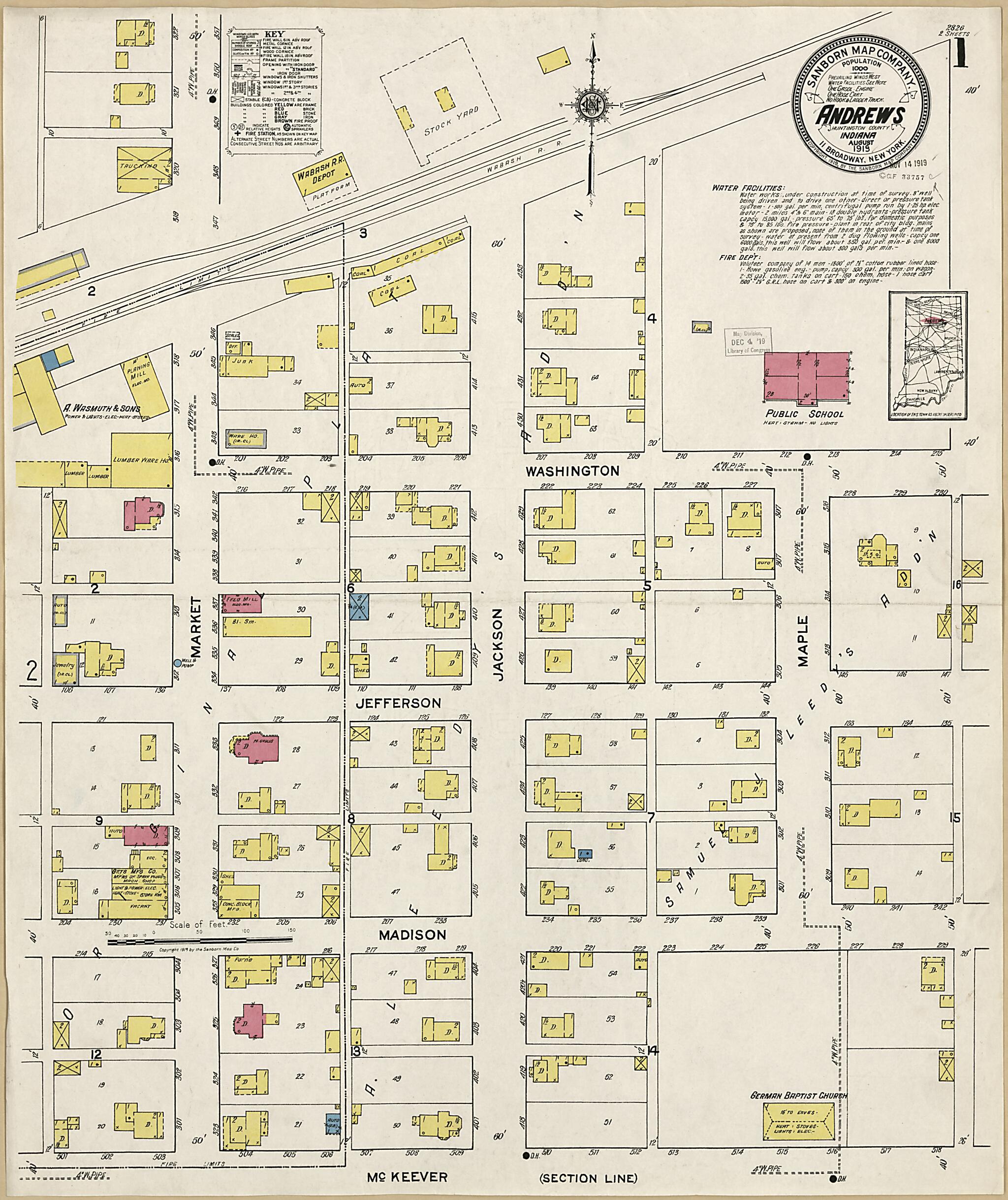 This old map of Andrews, Huntington County, Indiana was created by Sanborn Map Company in 1919