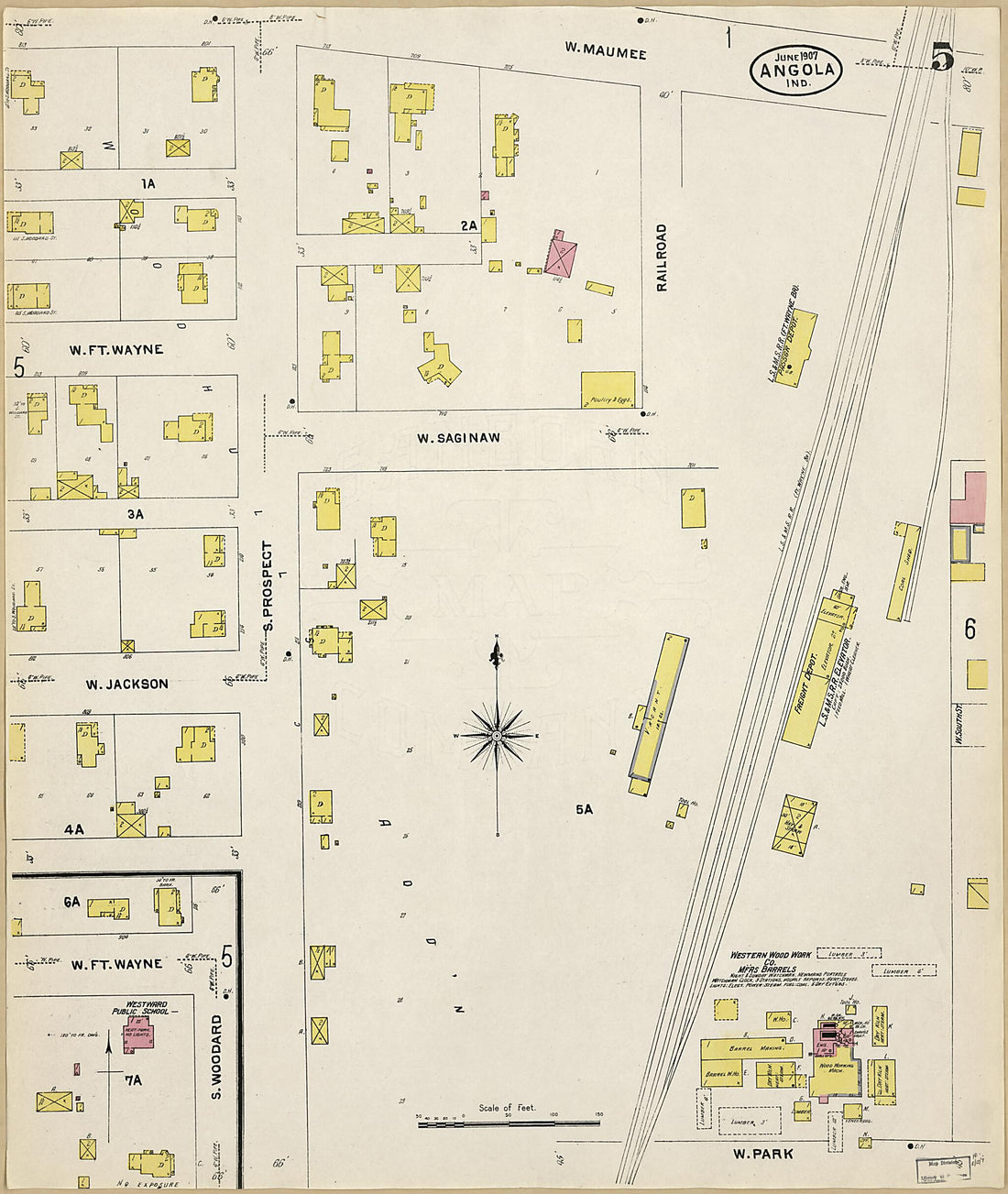 This old map of Angola, Steuben County, Indiana was created by Sanborn Map Company in 1907