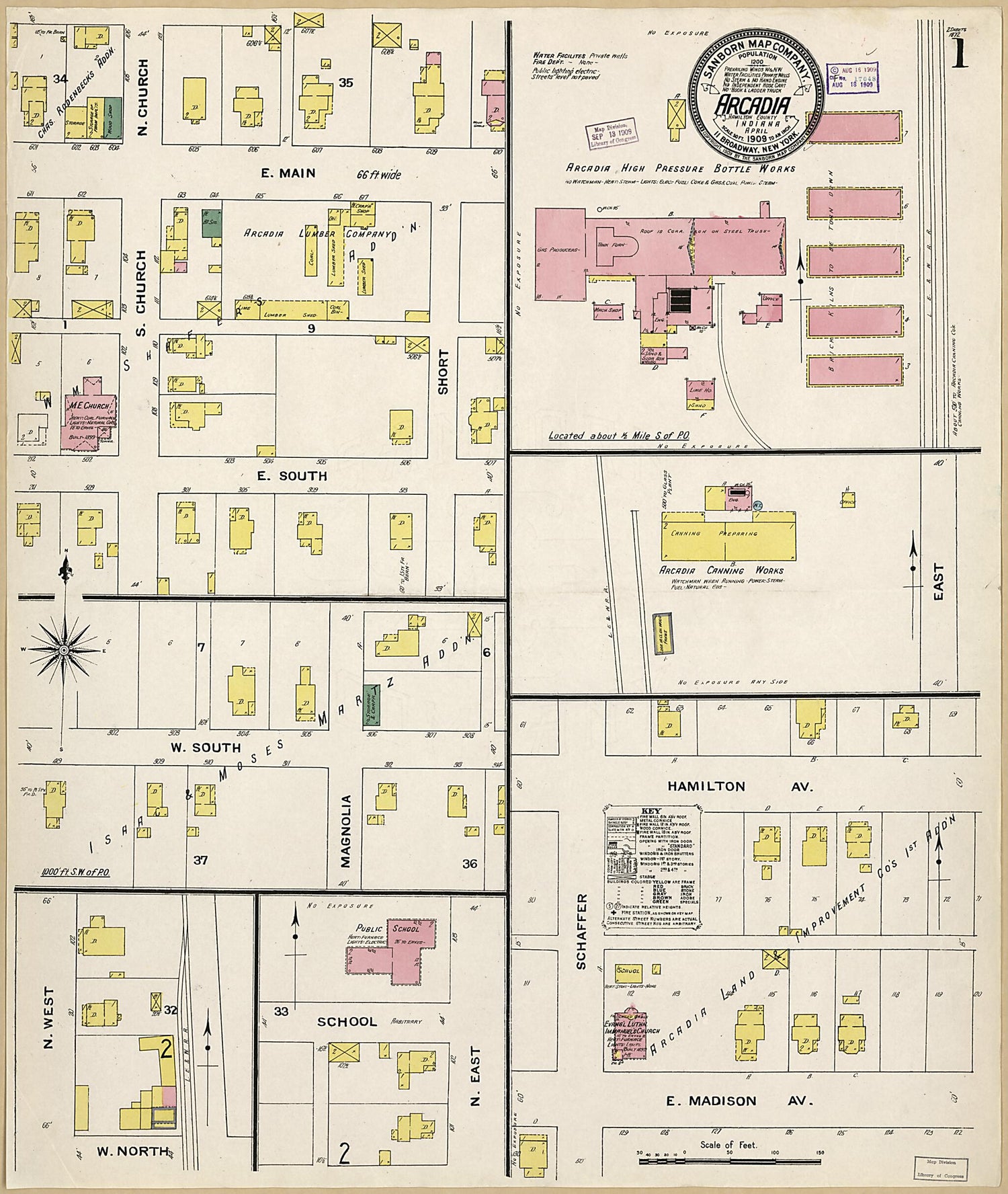 This old map of Arcadia, Hamilton County, Indiana was created by Sanborn Map Company in 1909