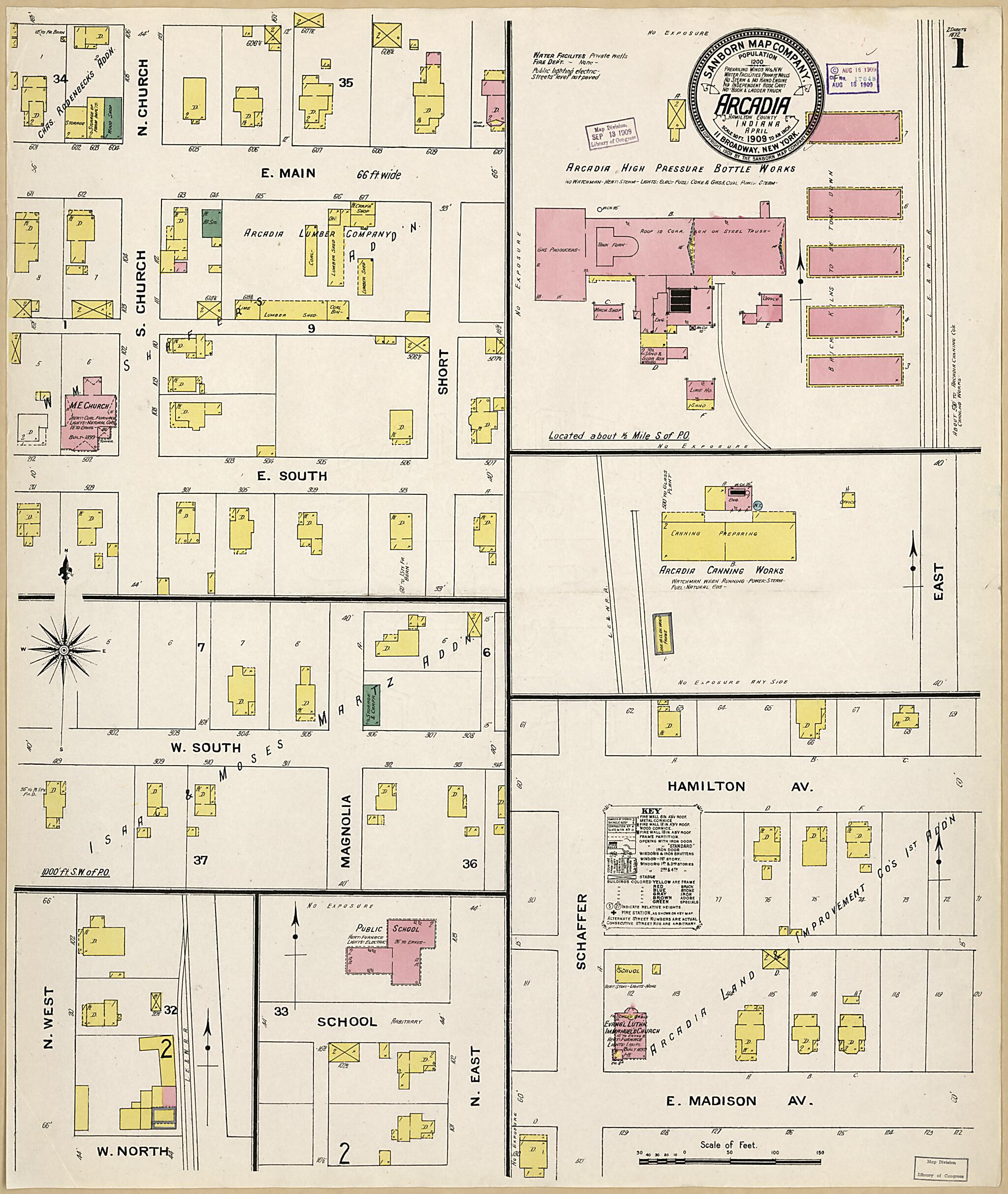 This old map of Arcadia, Hamilton County, Indiana was created by Sanborn Map Company in 1909