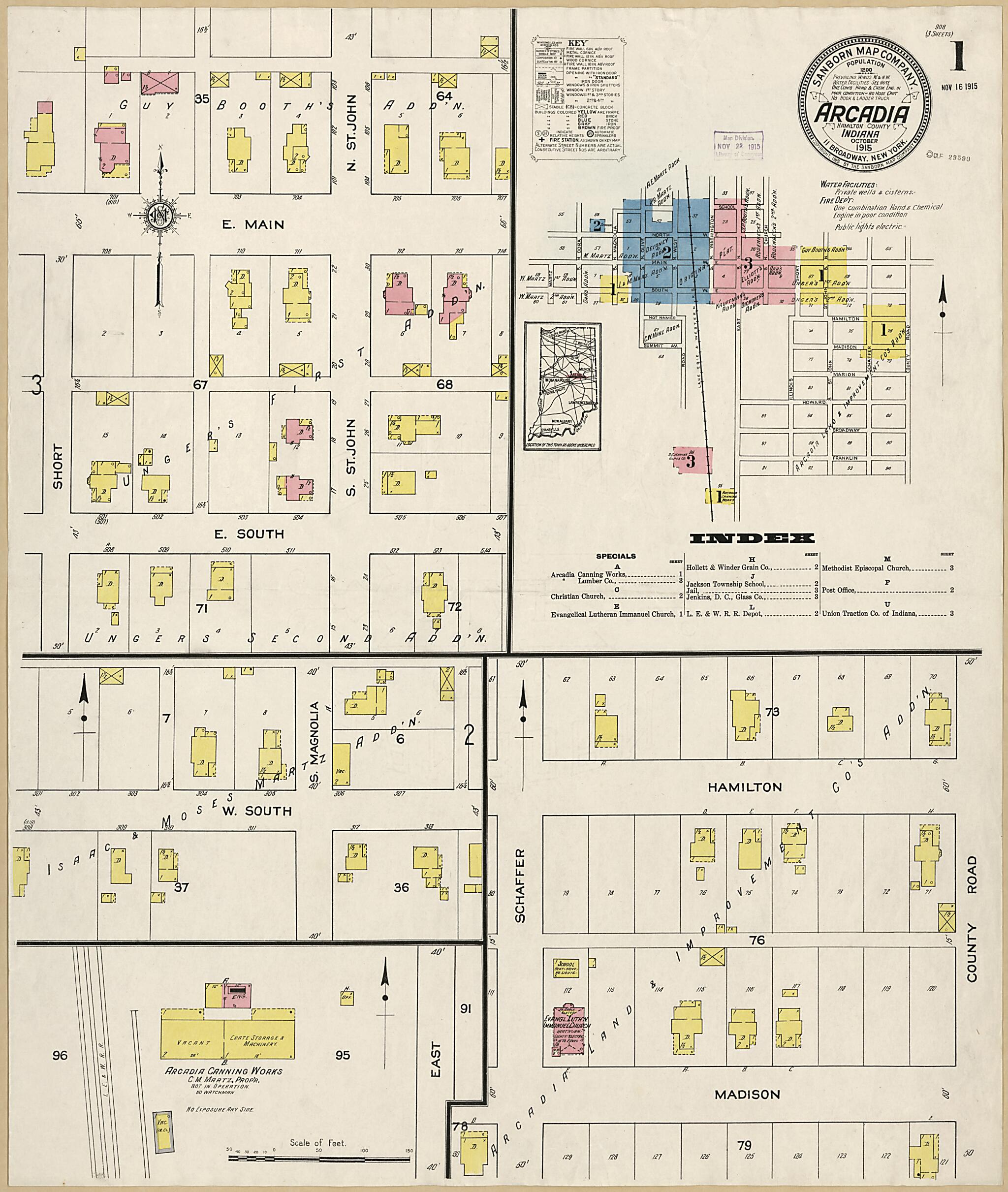 This old map of Arcadia, Hamilton County, Indiana was created by Sanborn Map Company in 1915