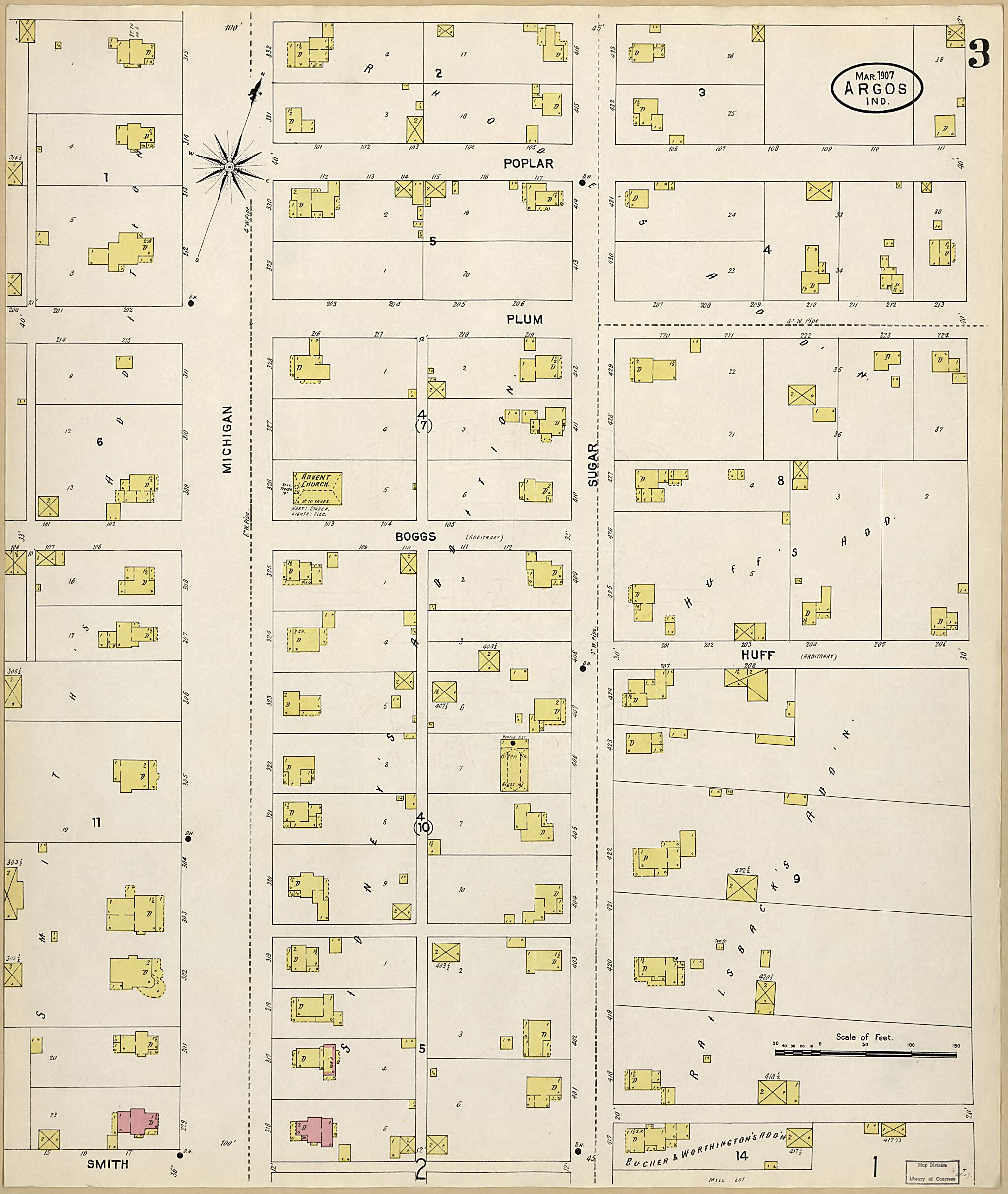 This old map of Argos, Marshall County, Indiana was created by Sanborn Map Company in 1907