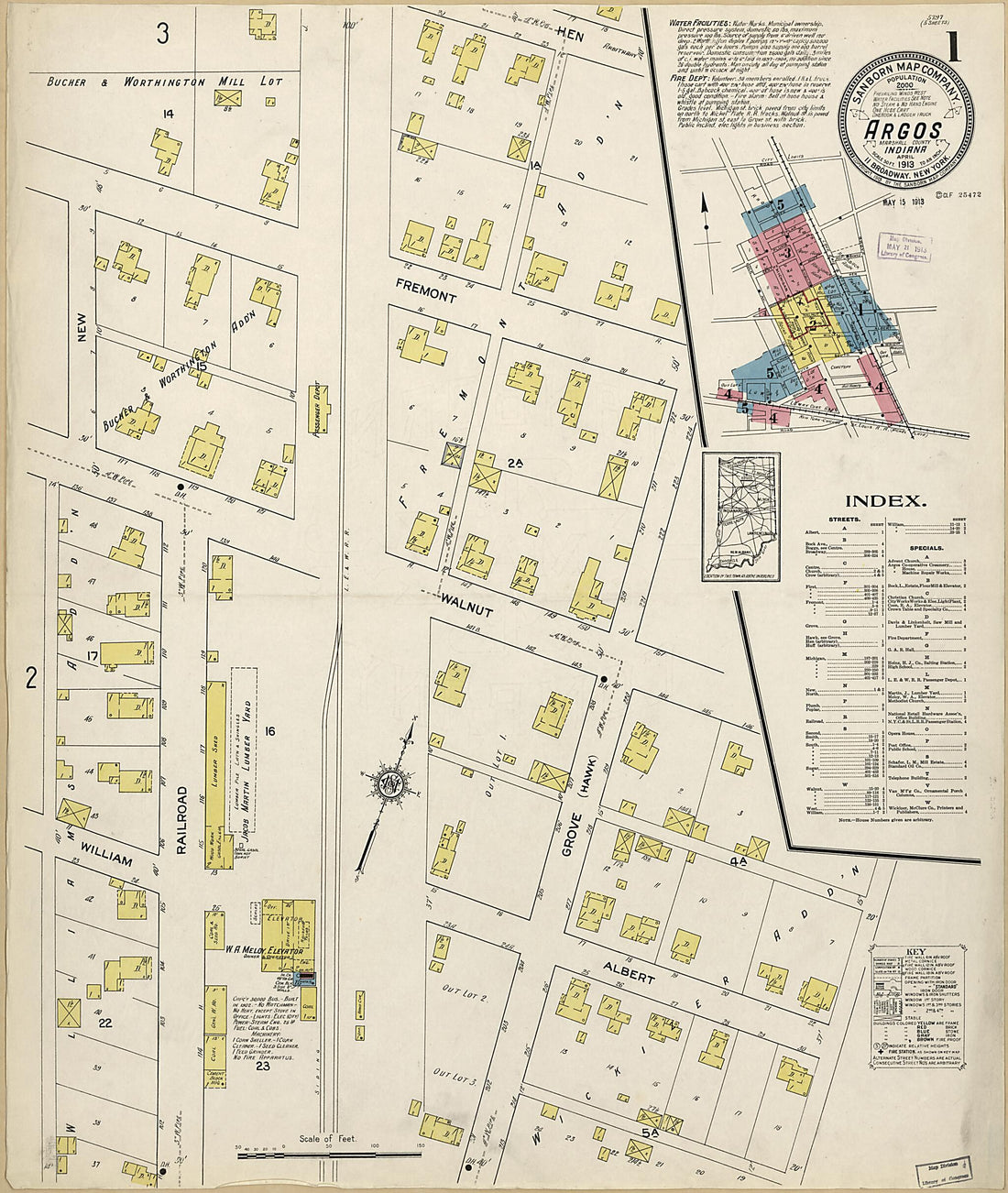 This old map of Argos, Marshall County, Indiana was created by Sanborn Map Company in 1913