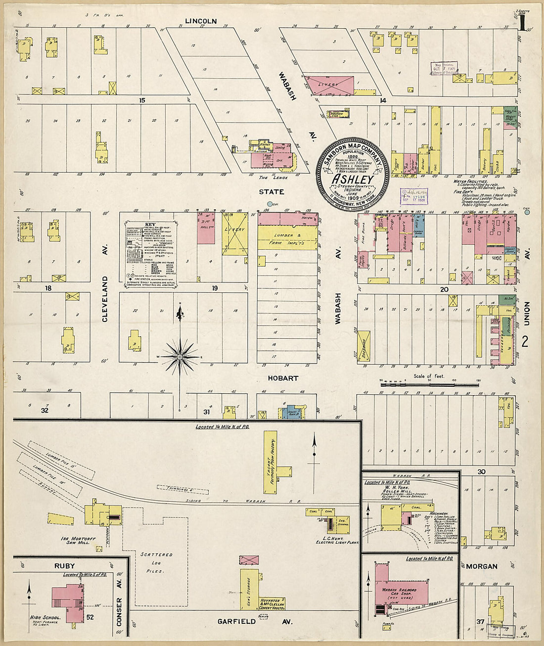 This old map of Ashley, Steuben County, Indiana was created by Sanborn Map Company in 1909