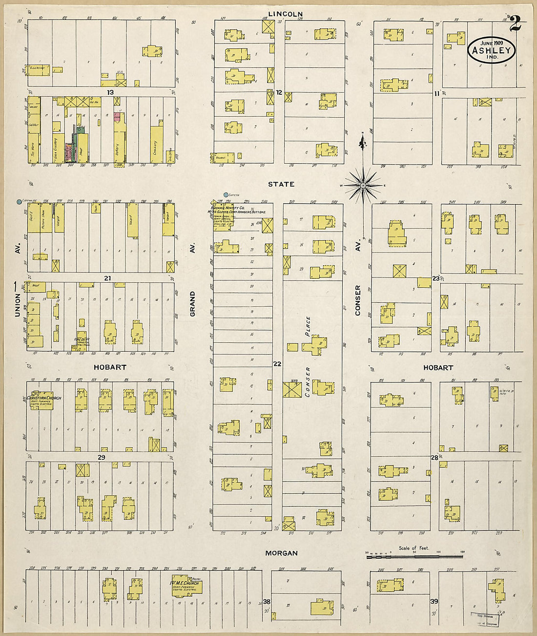 This old map of Ashley, Steuben County, Indiana was created by Sanborn Map Company in 1909