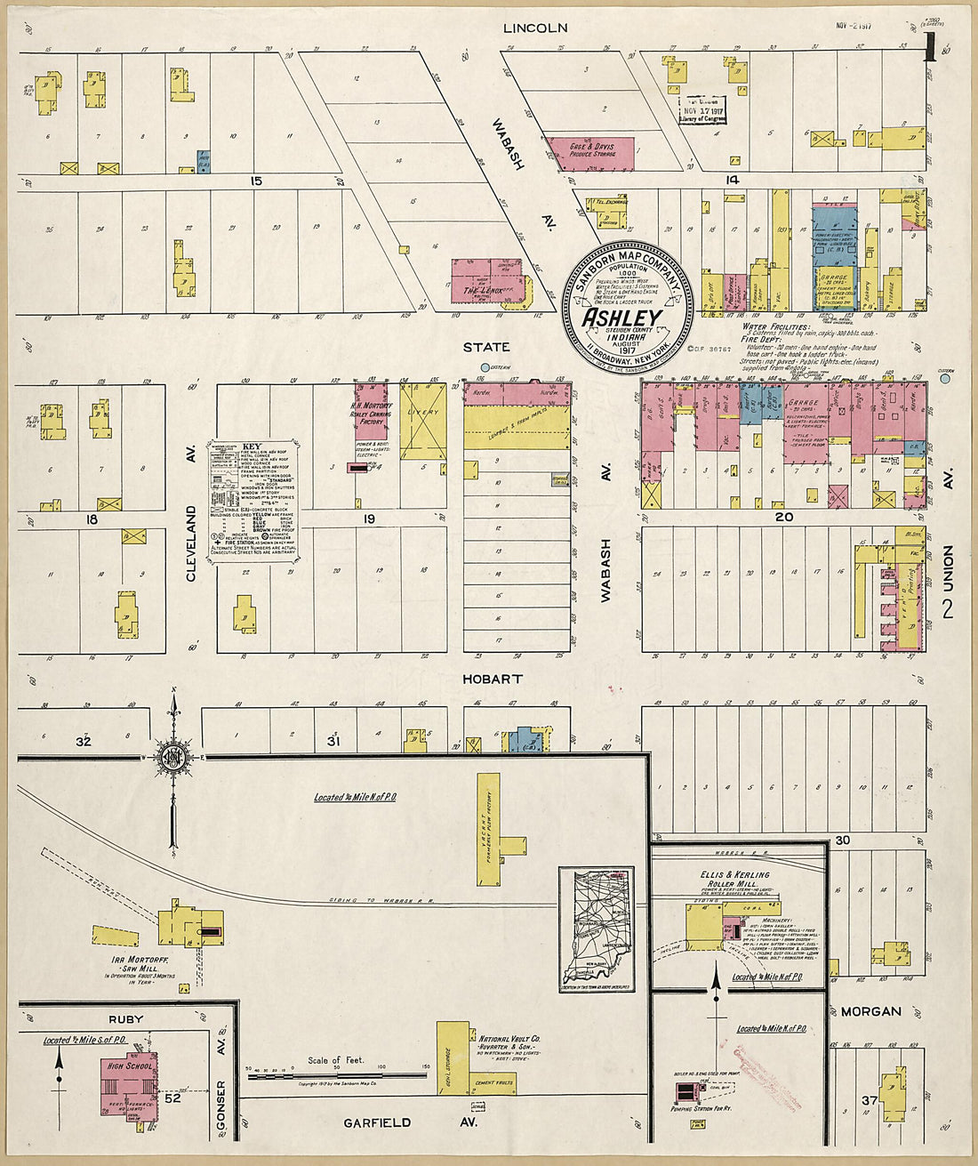 This old map of Ashley, Steuben County, Indiana was created by Sanborn Map Company in 1917