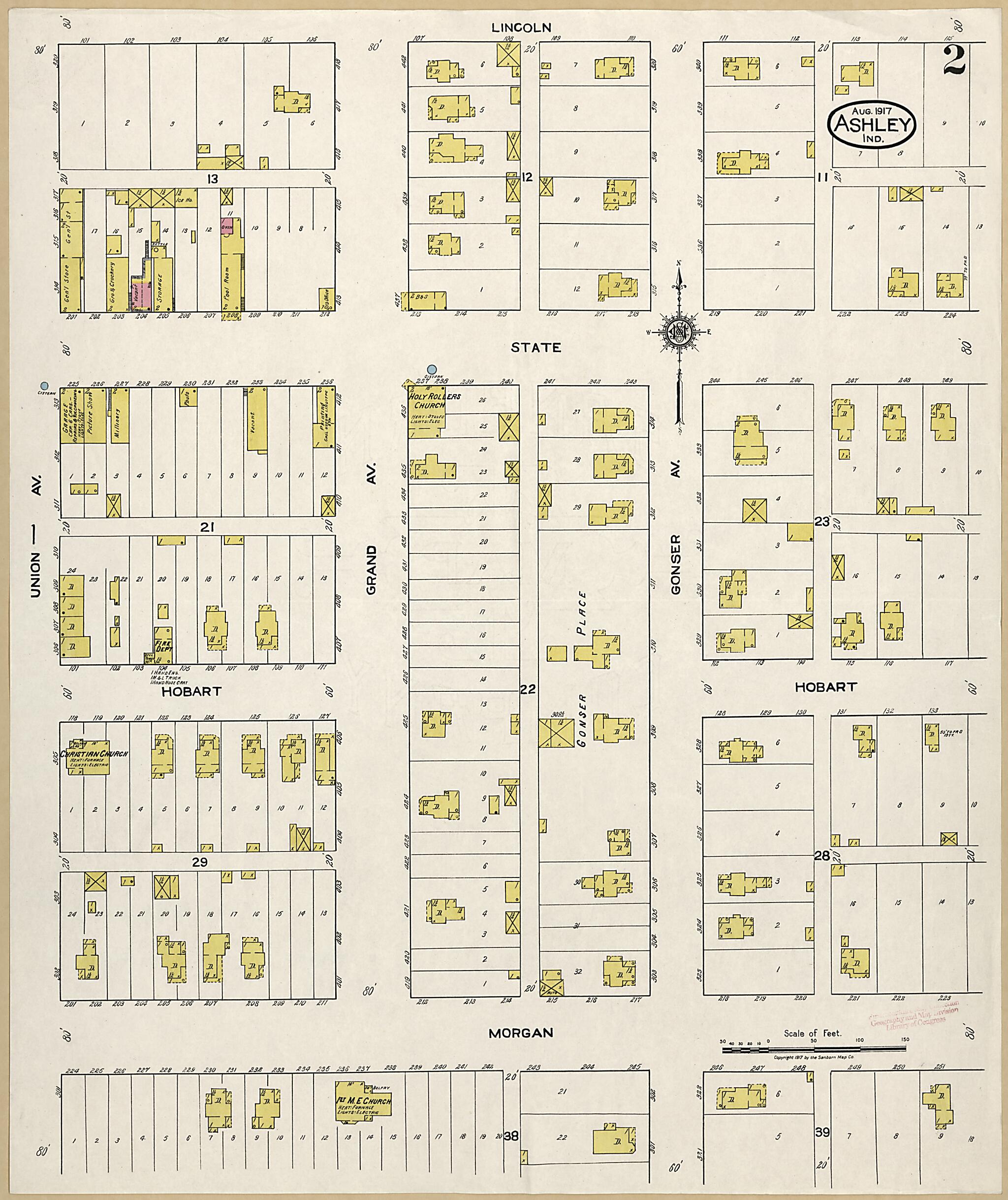 This old map of Ashley, Steuben County, Indiana was created by Sanborn Map Company in 1917