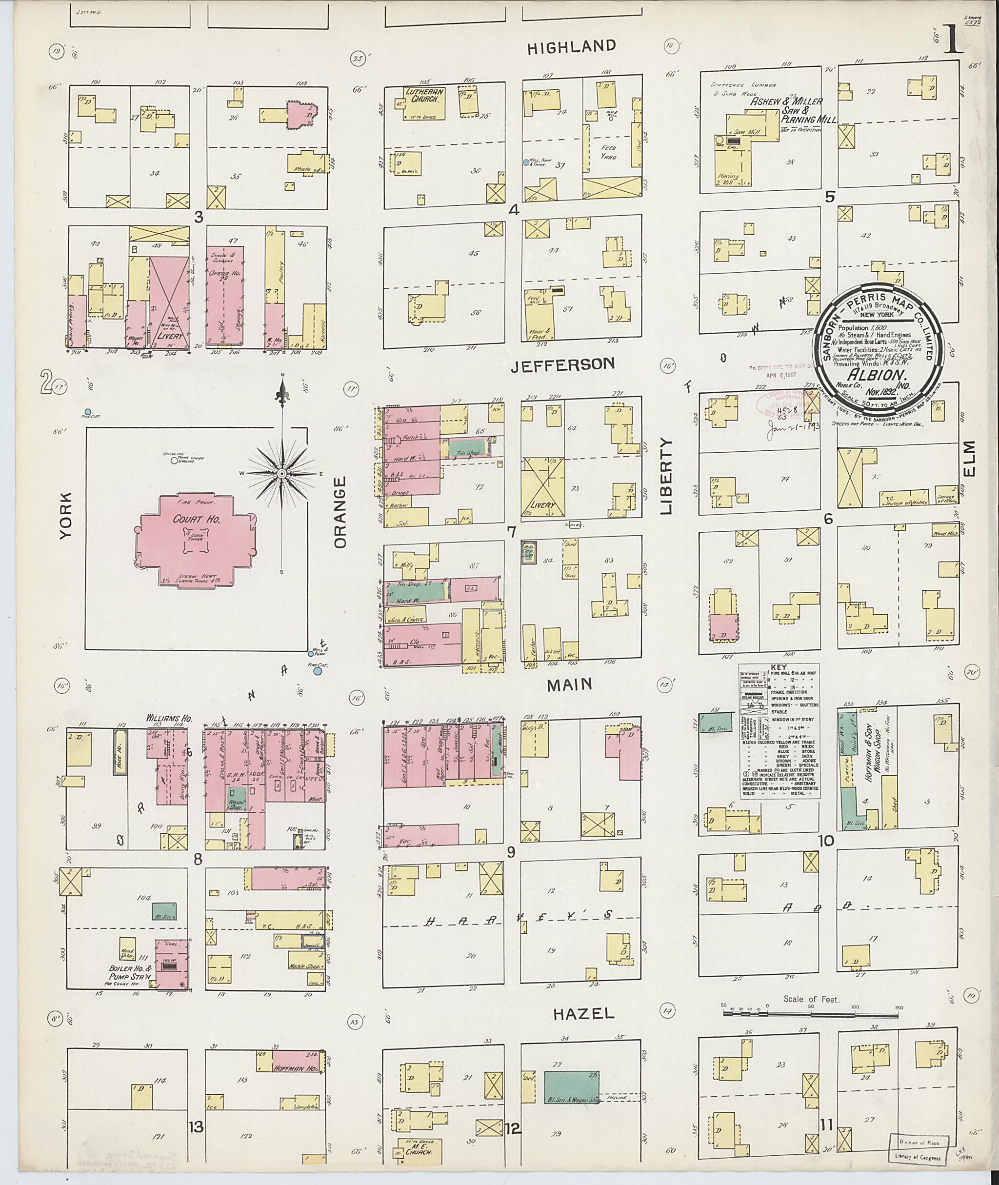 This old map of Albion, Noble County, Indiana was created by Sanborn Map Company in 1892