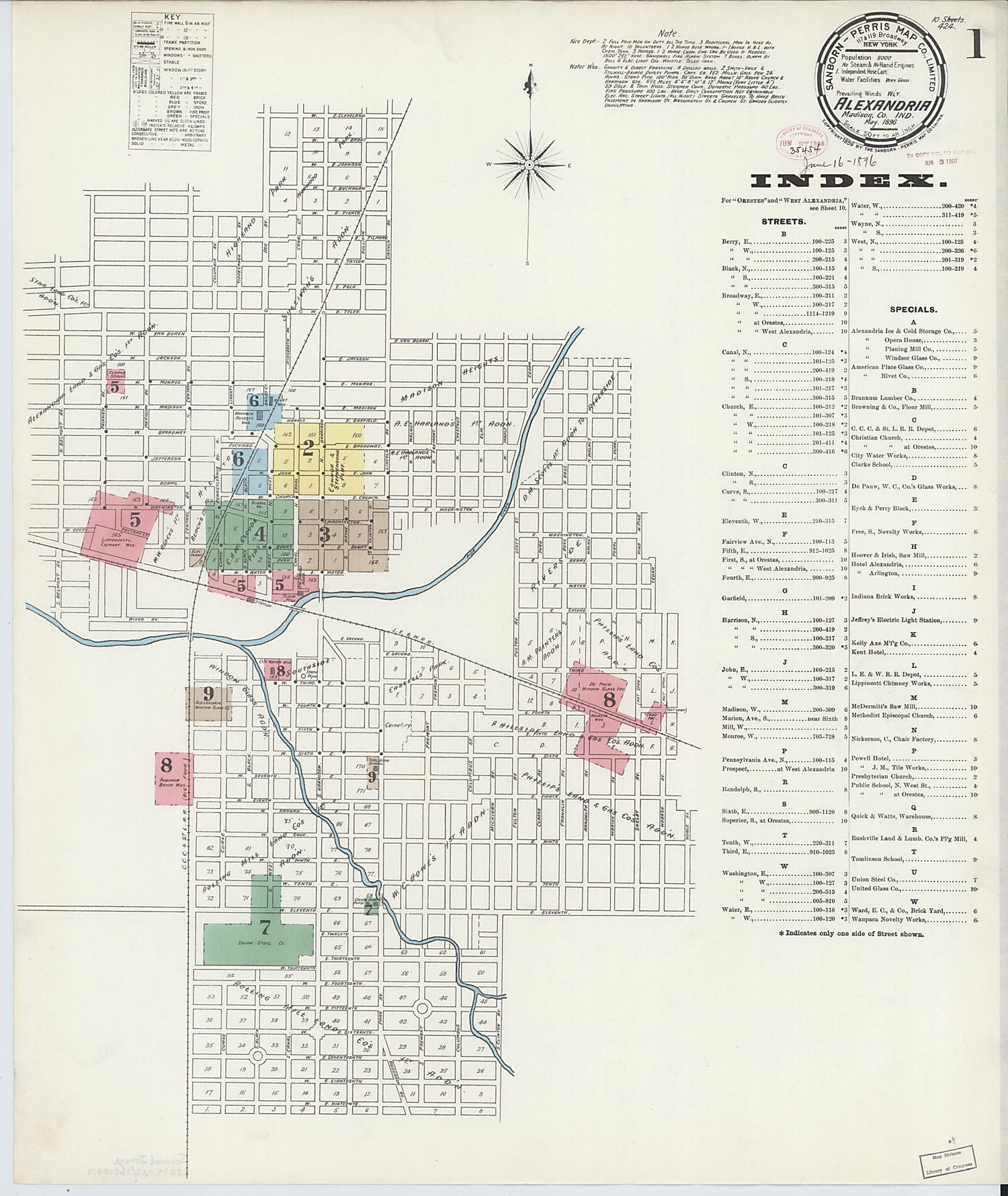 This old map of Alexandria, Madison County, Indiana was created by Sanborn Map Company in 1896