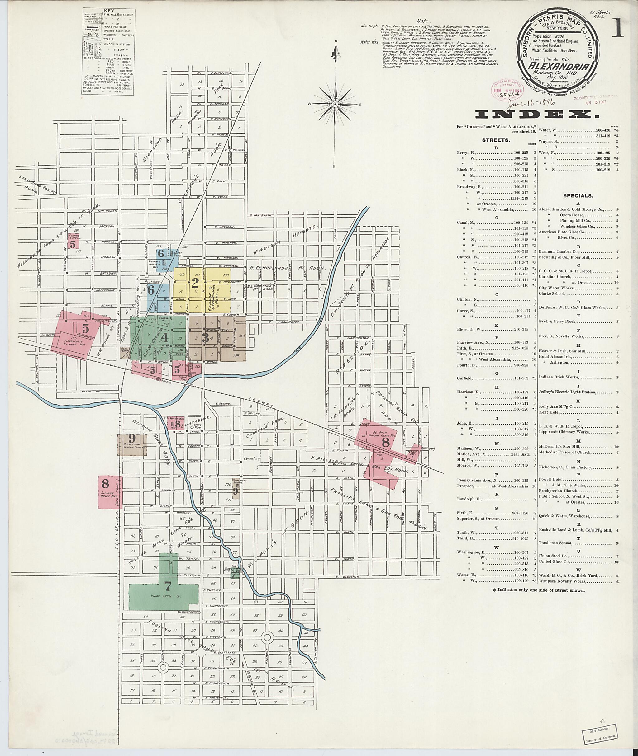 This old map of Alexandria, Madison County, Indiana was created by Sanborn Map Company in 1896