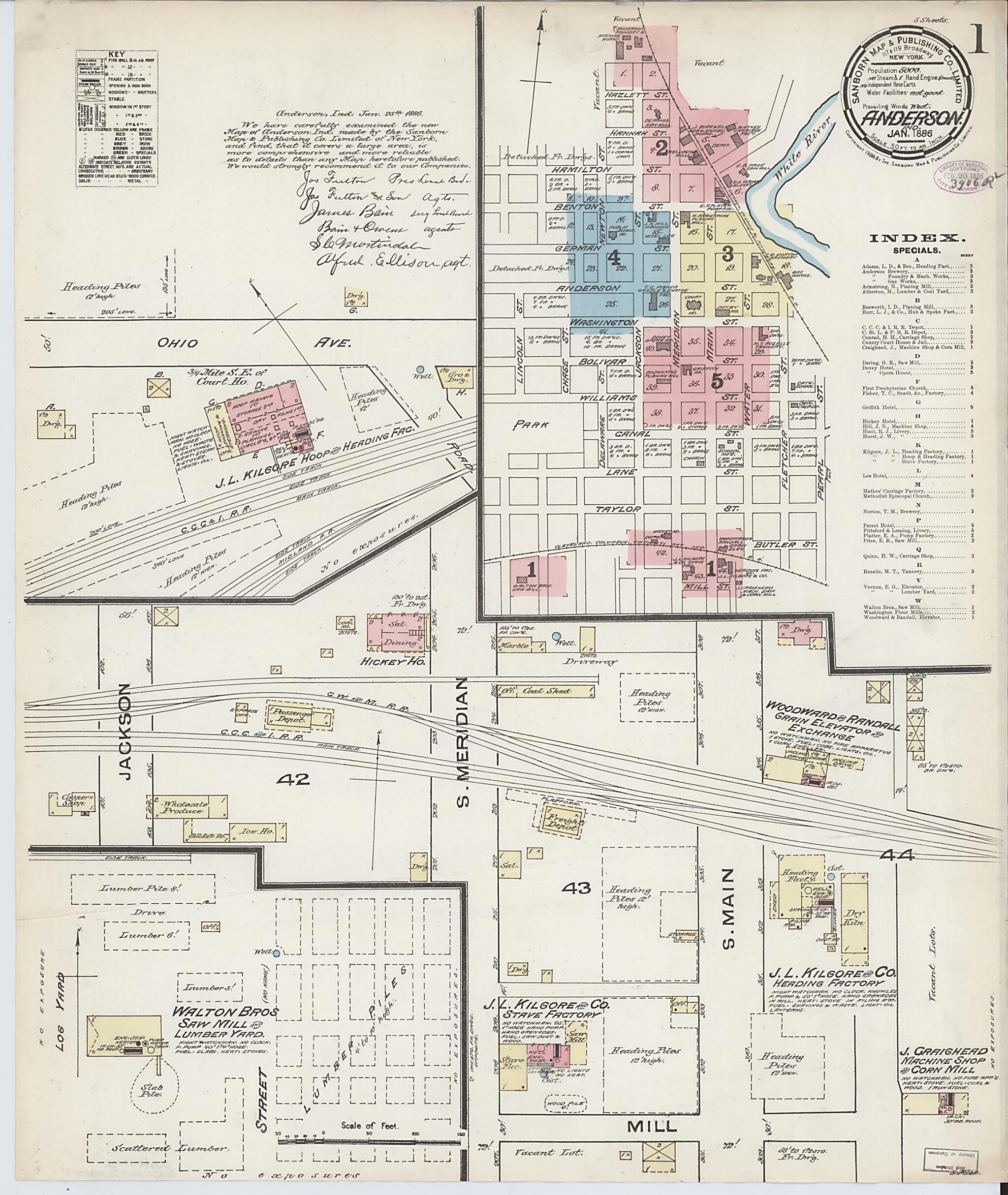 This old map of Anderson, Madison County, Indiana was created by Sanborn Map Company in 1886