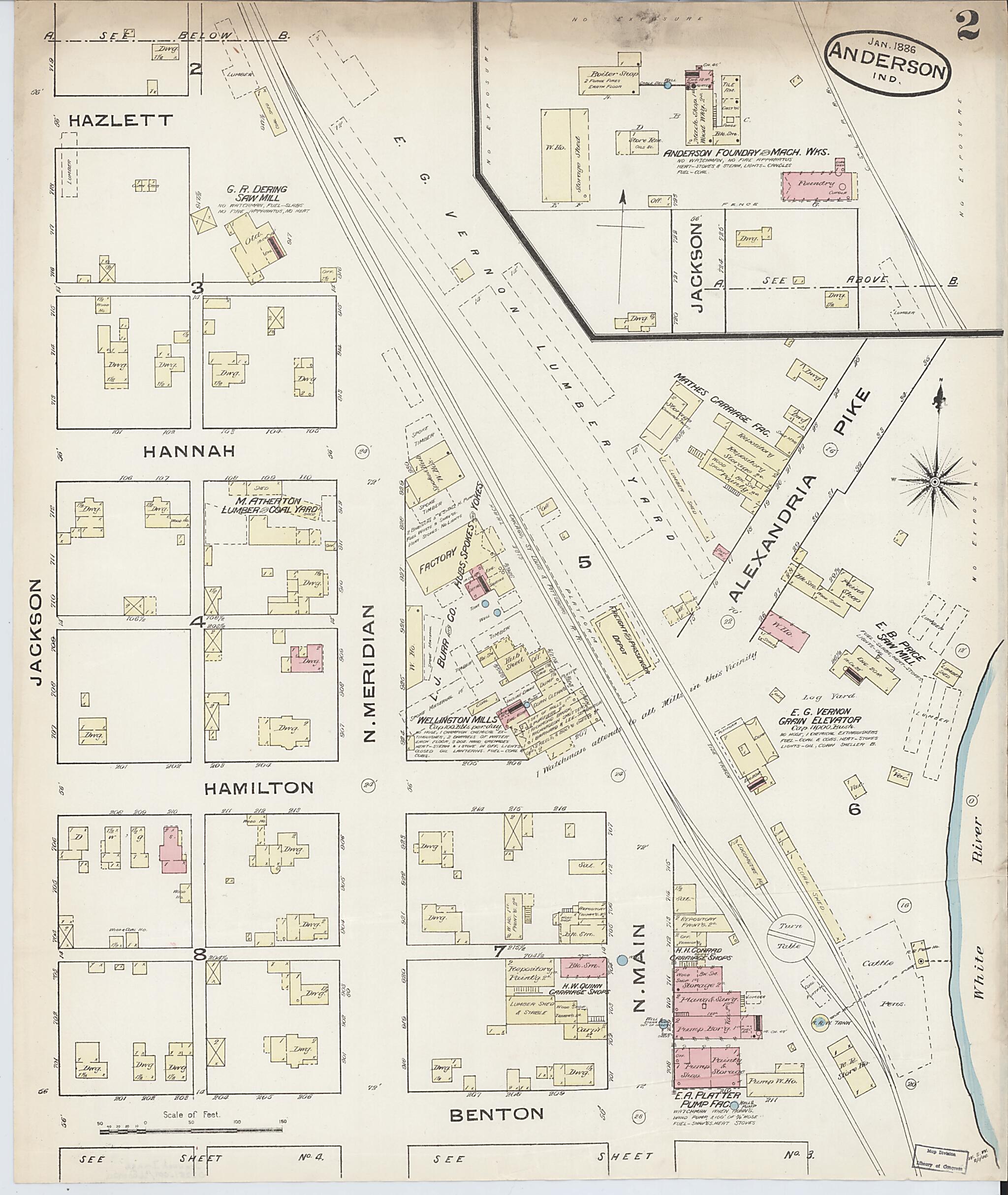 This old map of Anderson, Madison County, Indiana was created by Sanborn Map Company in 1886