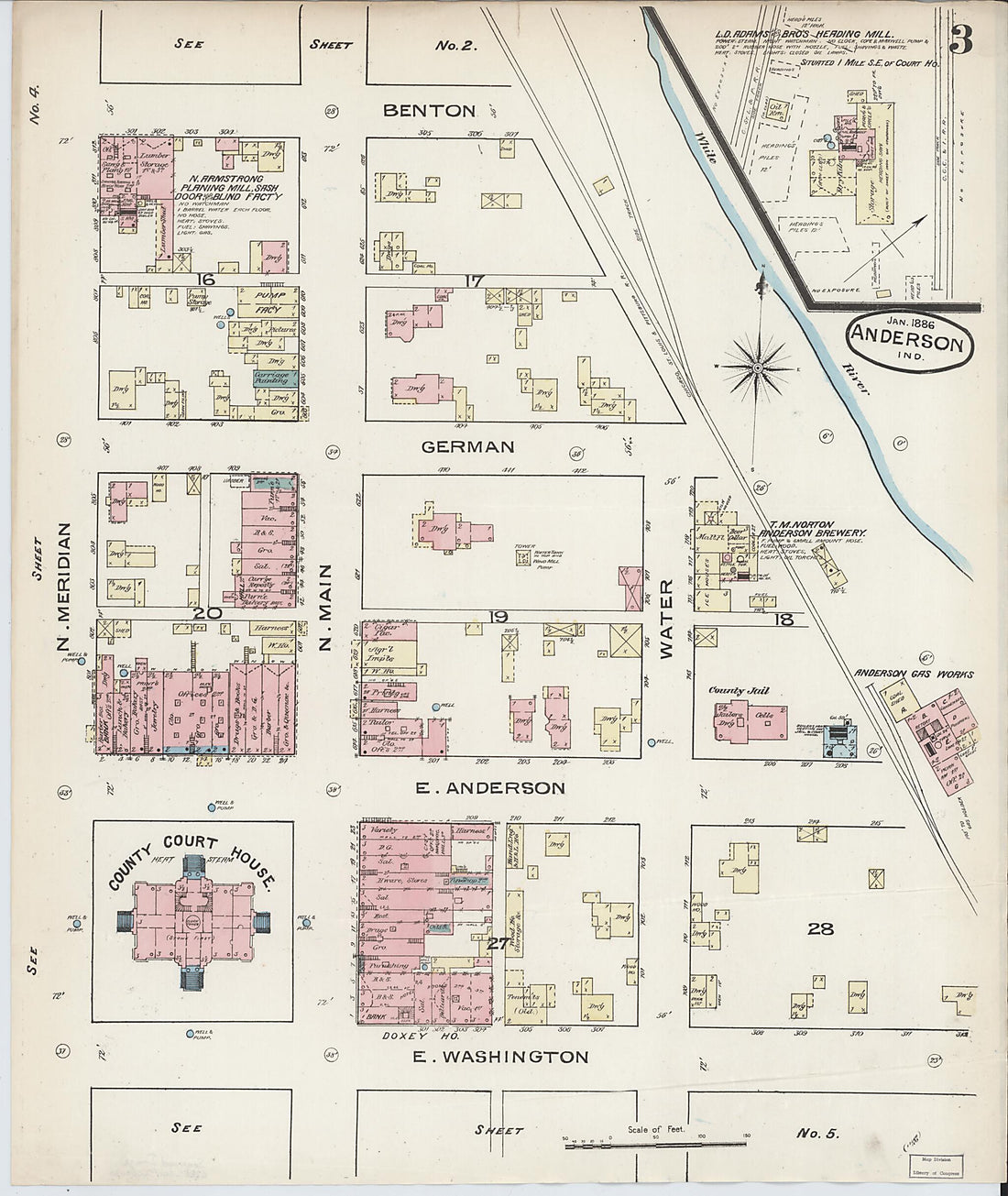 This old map of Anderson, Madison County, Indiana was created by Sanborn Map Company in 1886