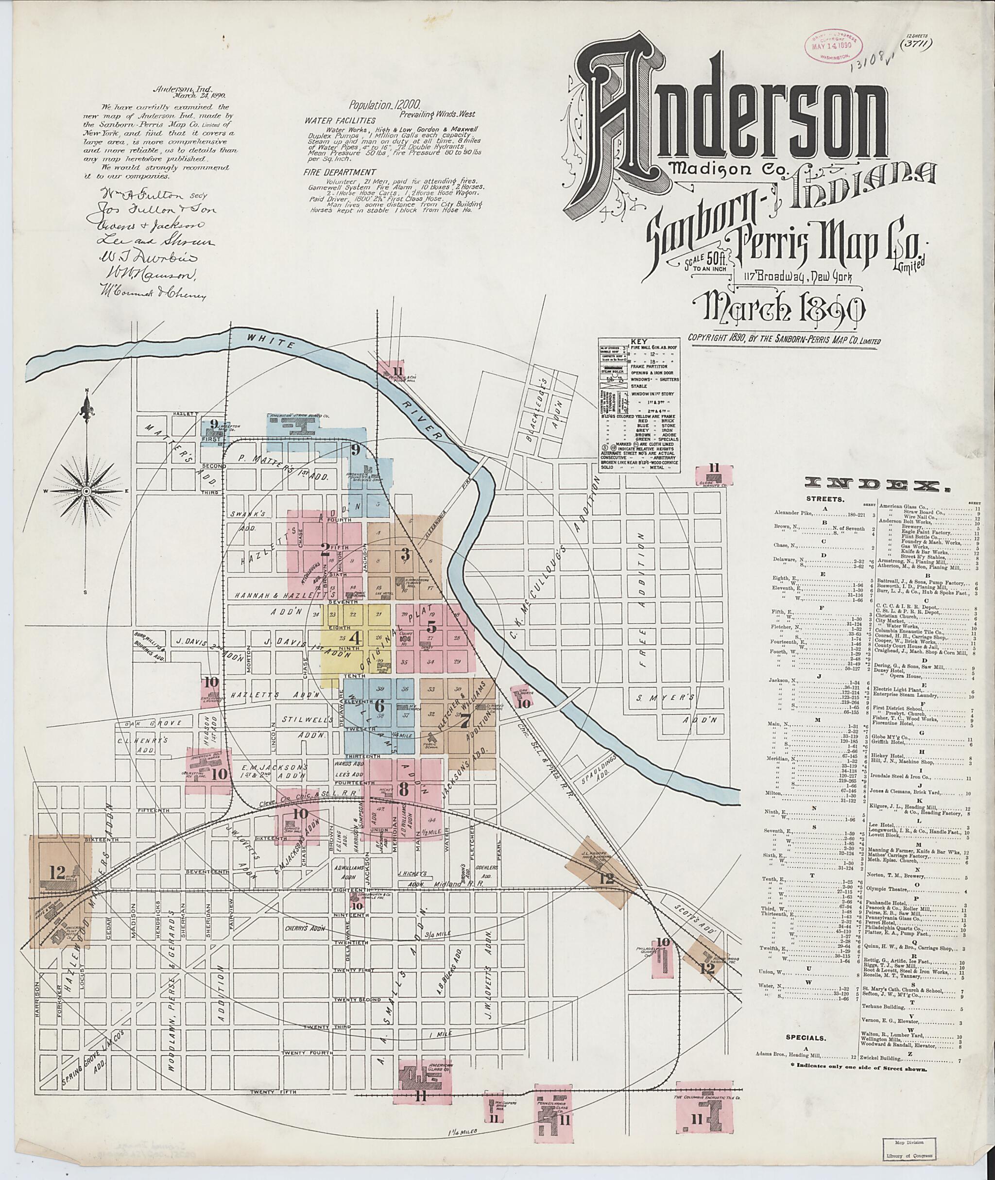 This old map of Anderson, Madison County, Indiana was created by Sanborn Map Company in 1890