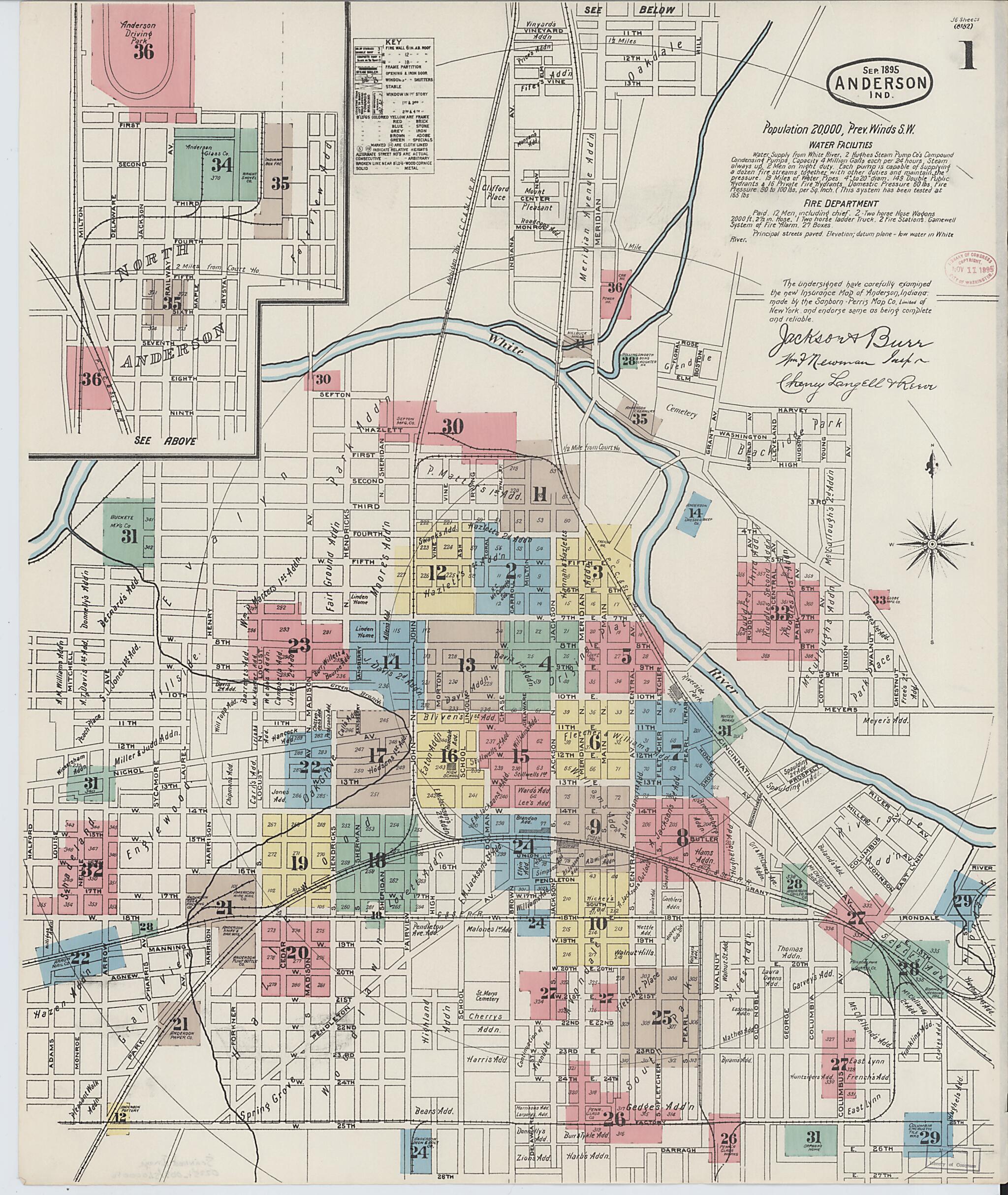 This old map of Anderson, Madison County, Indiana was created by Sanborn Map Company in 1895